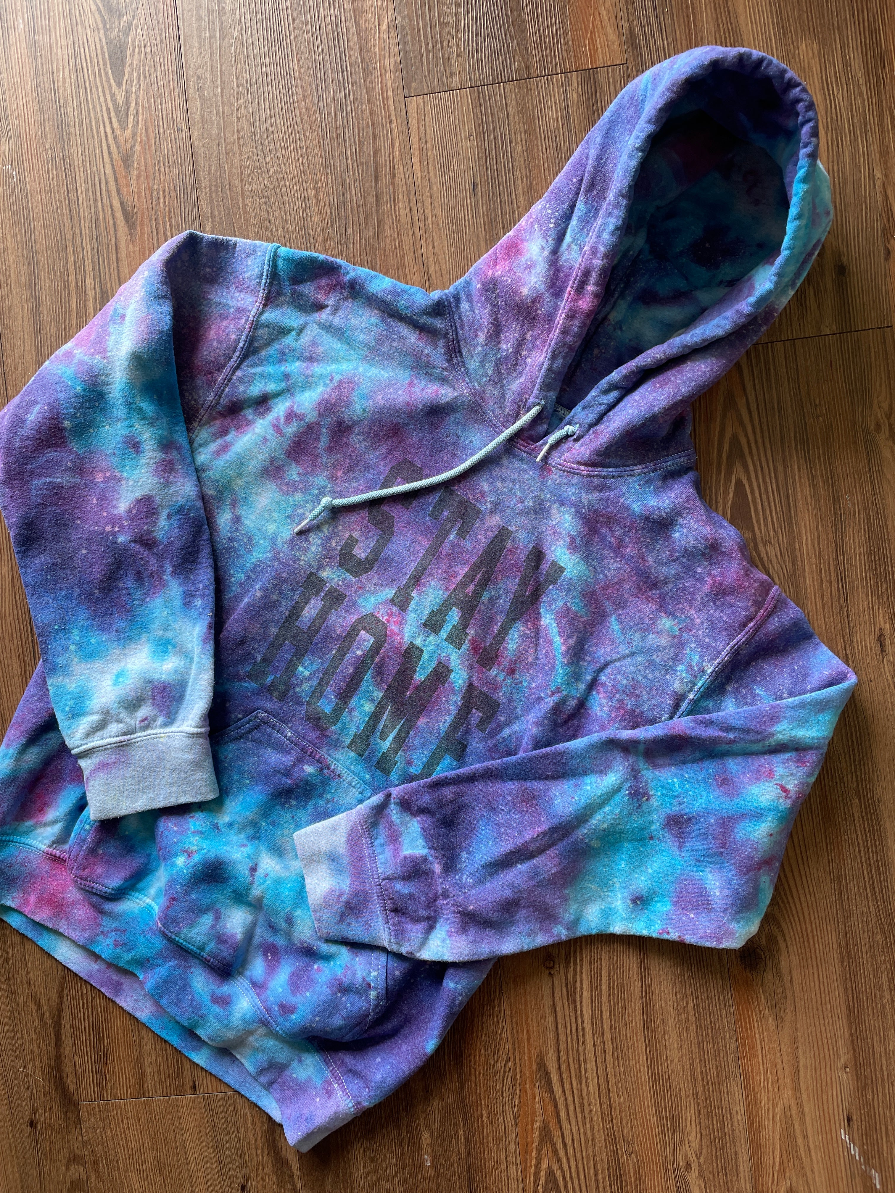 SMALL Men’s Stay Home Galaxy Tie Dye Sweatshirt | Pastel Purple and Blue Ice Dye Hoodie