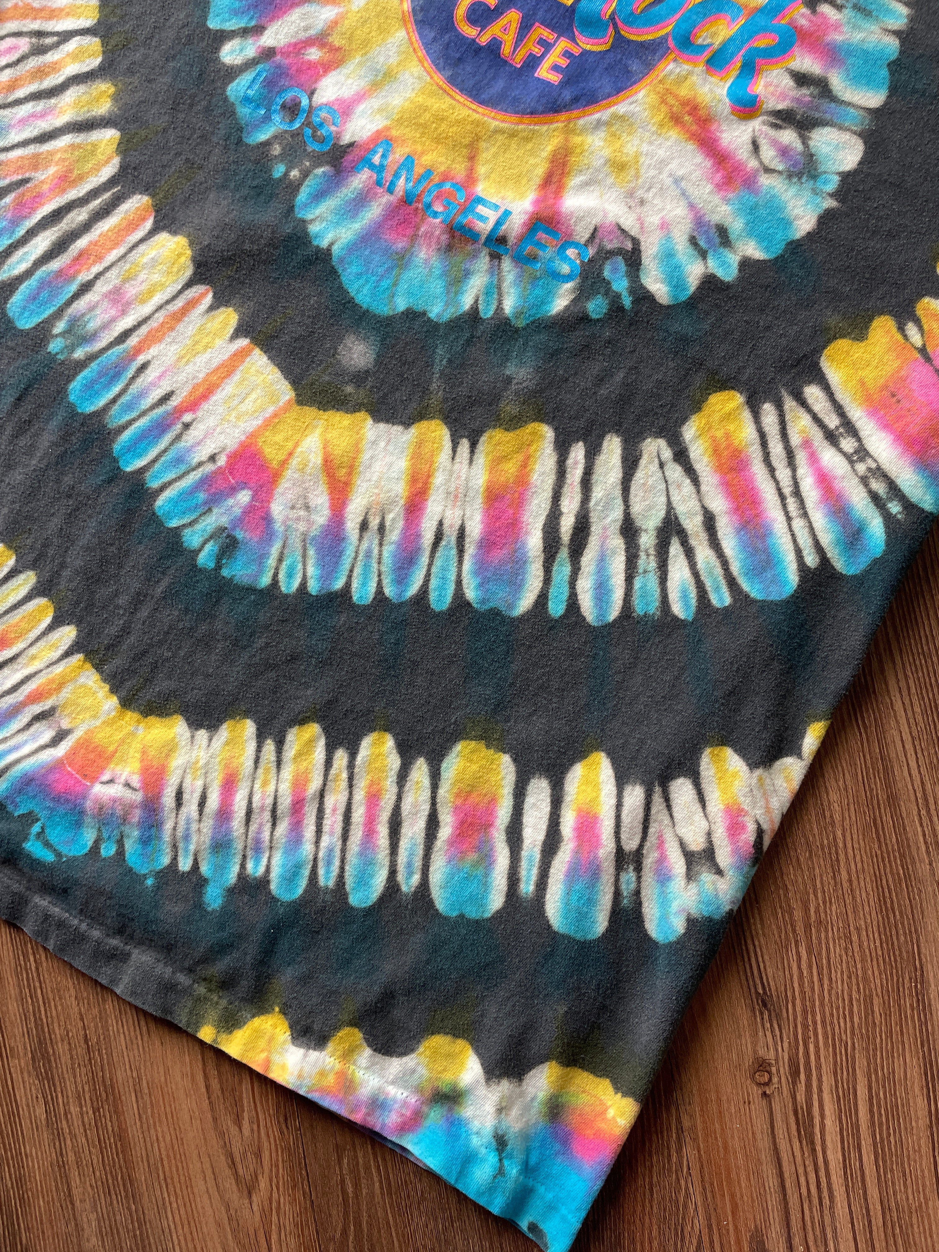 XL Men’s Hard Rock Cafe Los Angeles Handmade Reverse Tie Dye T-Shirt | Blue, Pink, and Yellow Pleated Tie Dye Short Sleeve