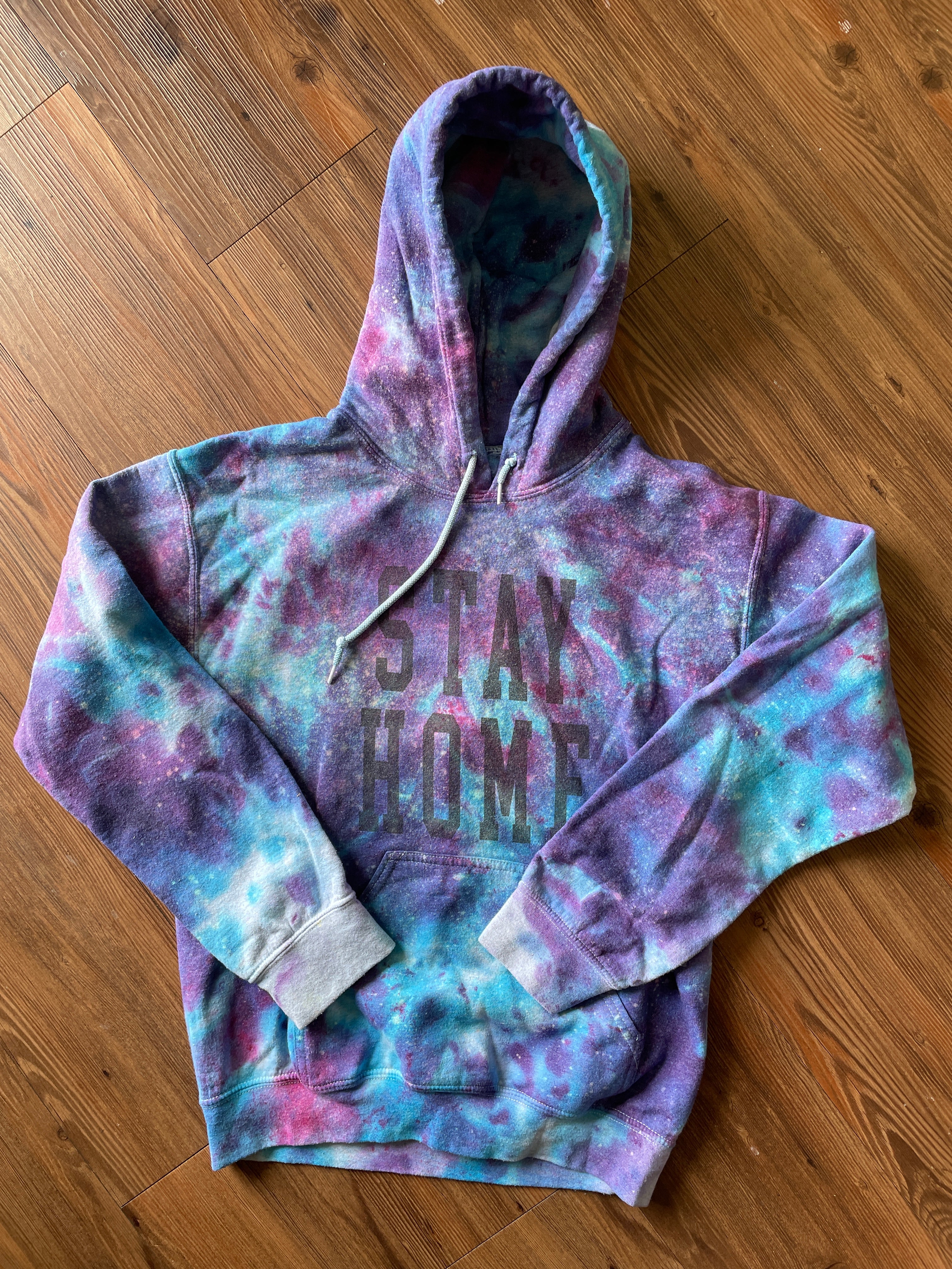SMALL Men’s Stay Home Galaxy Tie Dye Sweatshirt | Pastel Purple and Blue Ice Dye Hoodie