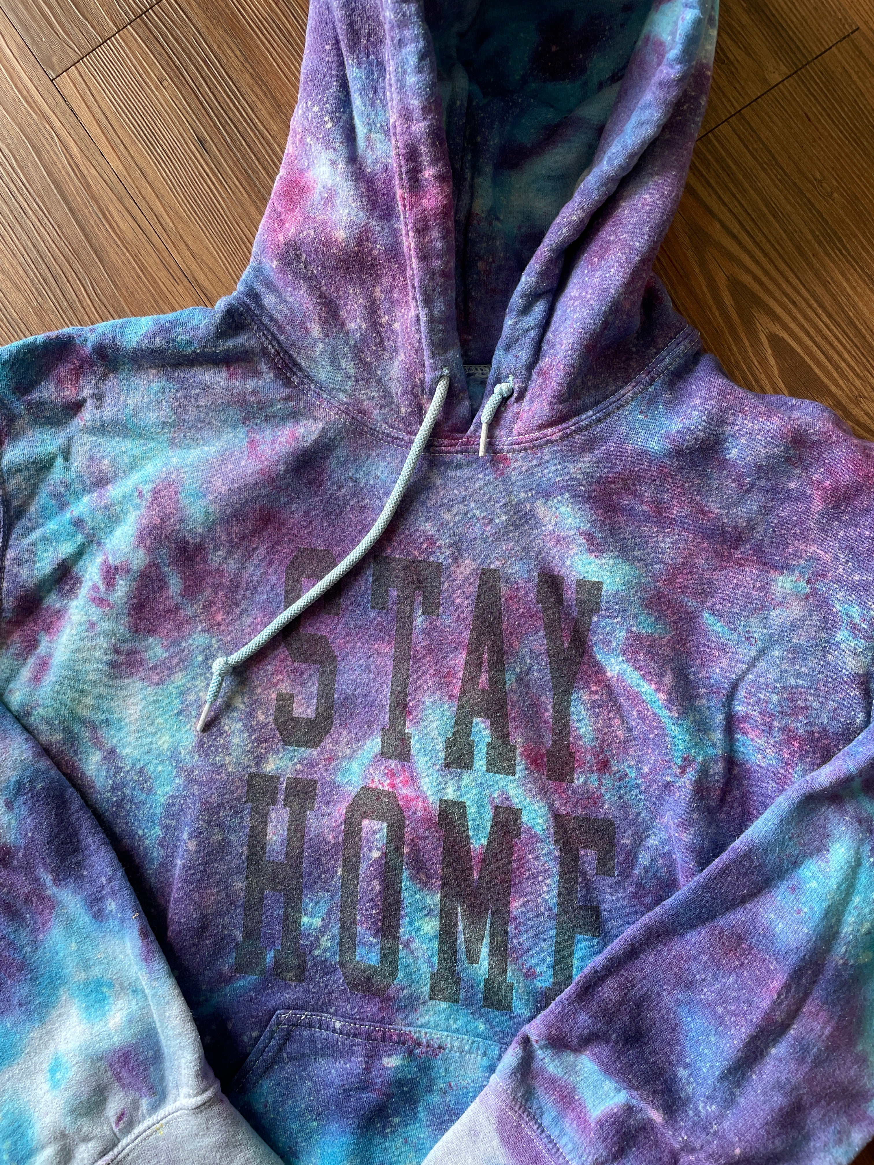 SMALL Men’s Stay Home Galaxy Tie Dye Sweatshirt | Pastel Purple and Blue Ice Dye Hoodie