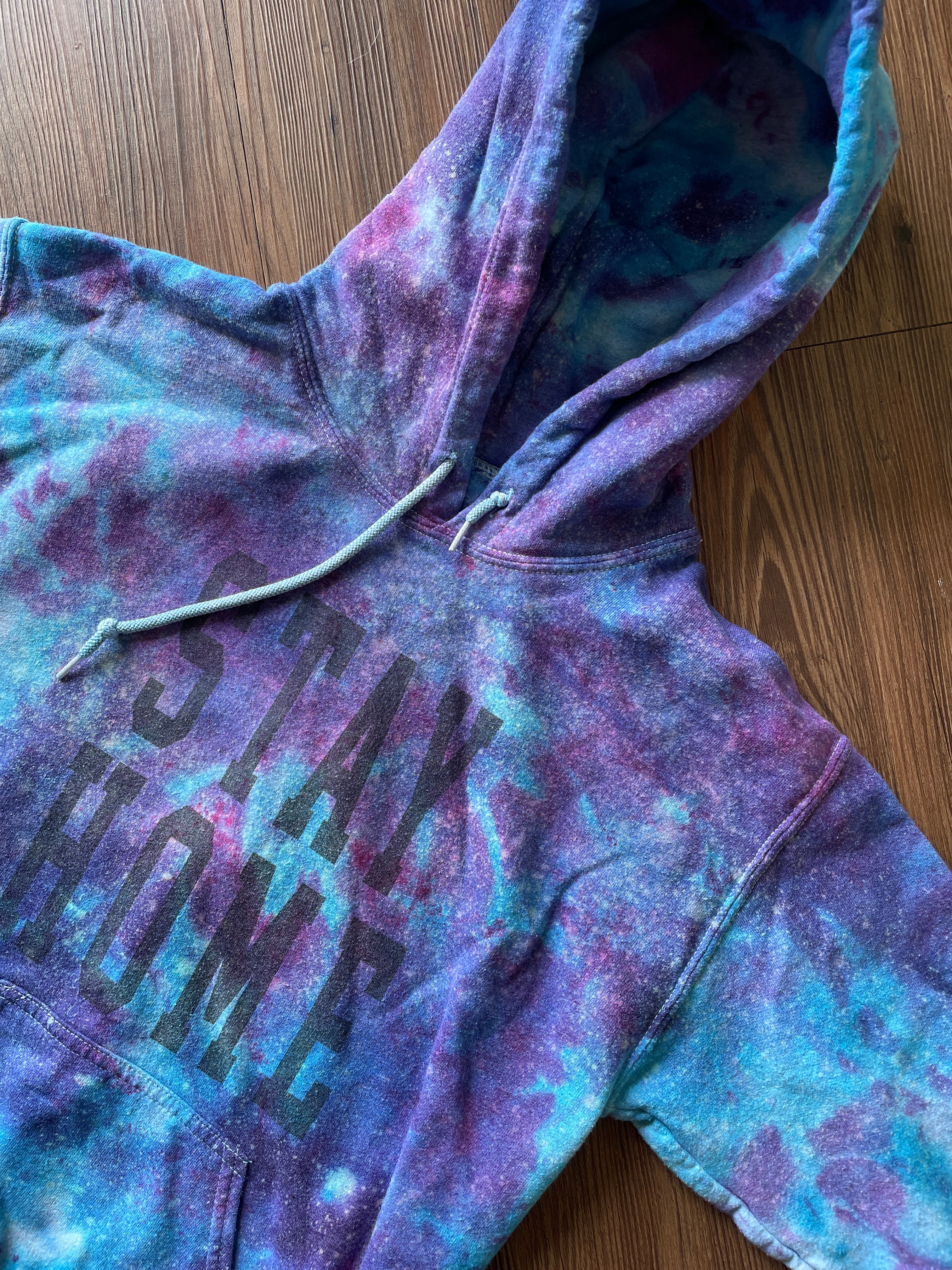 SMALL Men’s Stay Home Galaxy Tie Dye Sweatshirt | Pastel Purple and Blue Ice Dye Hoodie