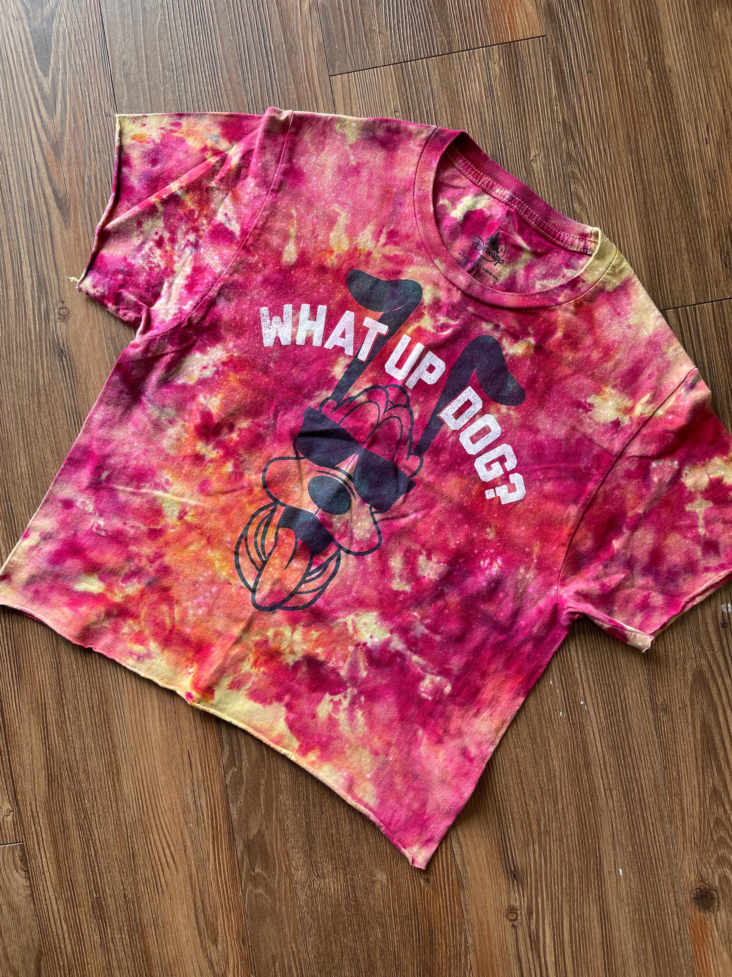 SMALL Women’s Goofy What’s Up Dog Tie Dye Crop Top | Yellow and Pink Disneyland Handmade Reverse Tie Dye Short Sleeve