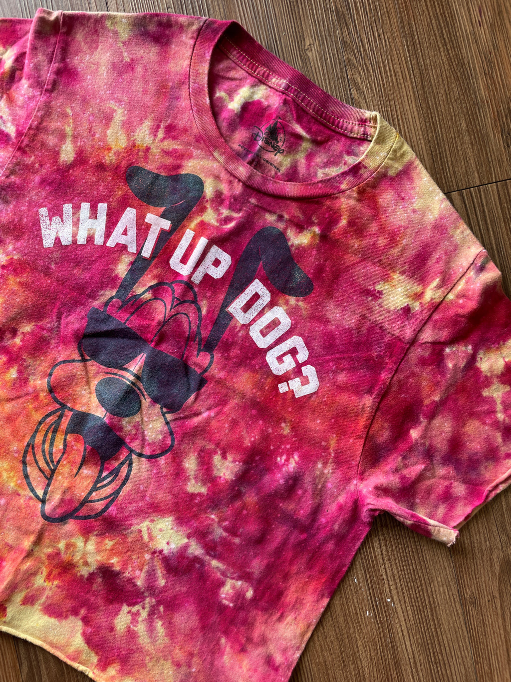 SMALL Women’s Goofy What’s Up Dog Tie Dye Crop Top | Yellow and Pink Disneyland Handmade Reverse Tie Dye Short Sleeve