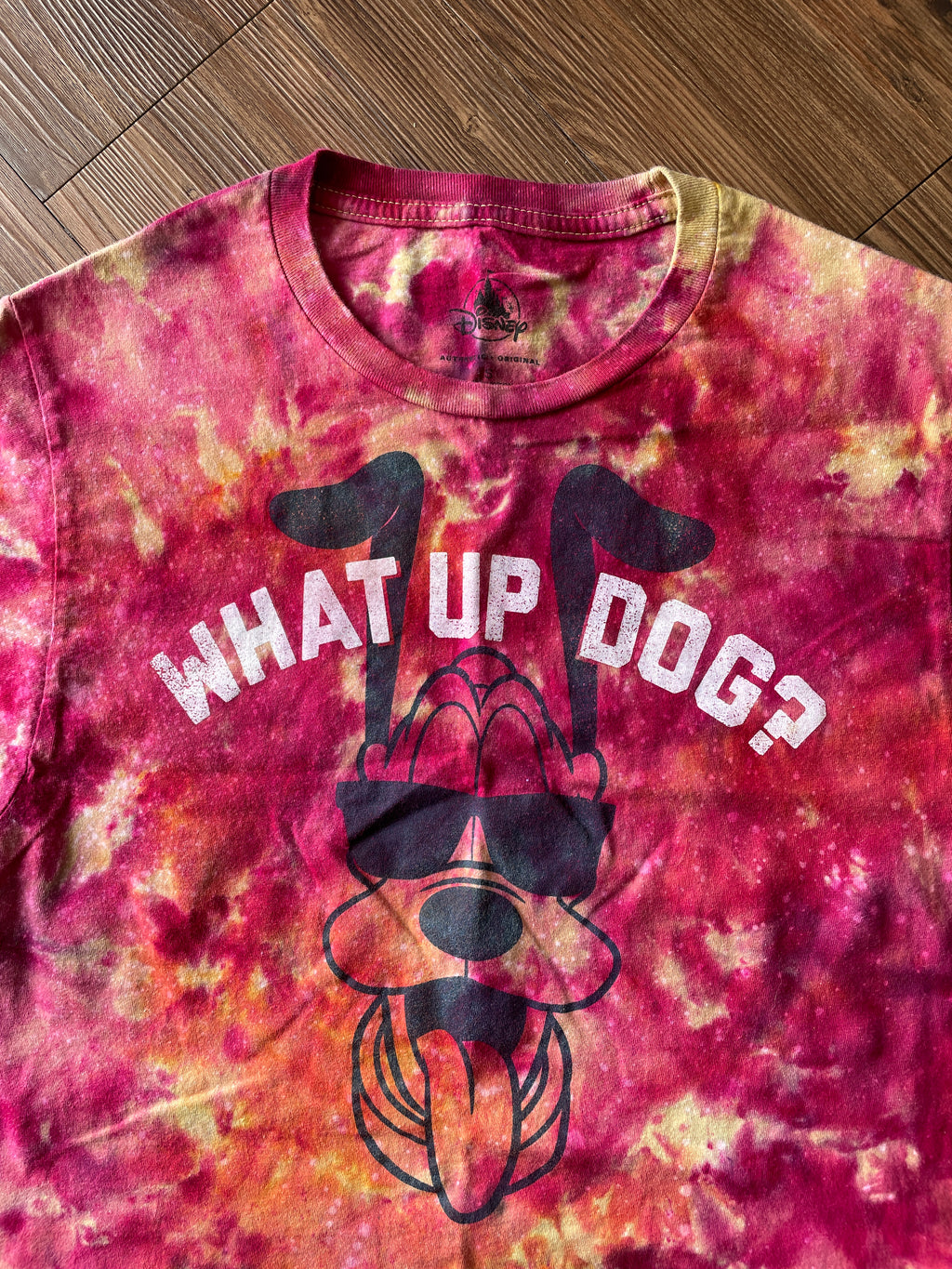 SMALL Women’s Goofy What’s Up Dog Tie Dye Crop Top | Yellow and Pink Disneyland Handmade Reverse Tie Dye Short Sleeve