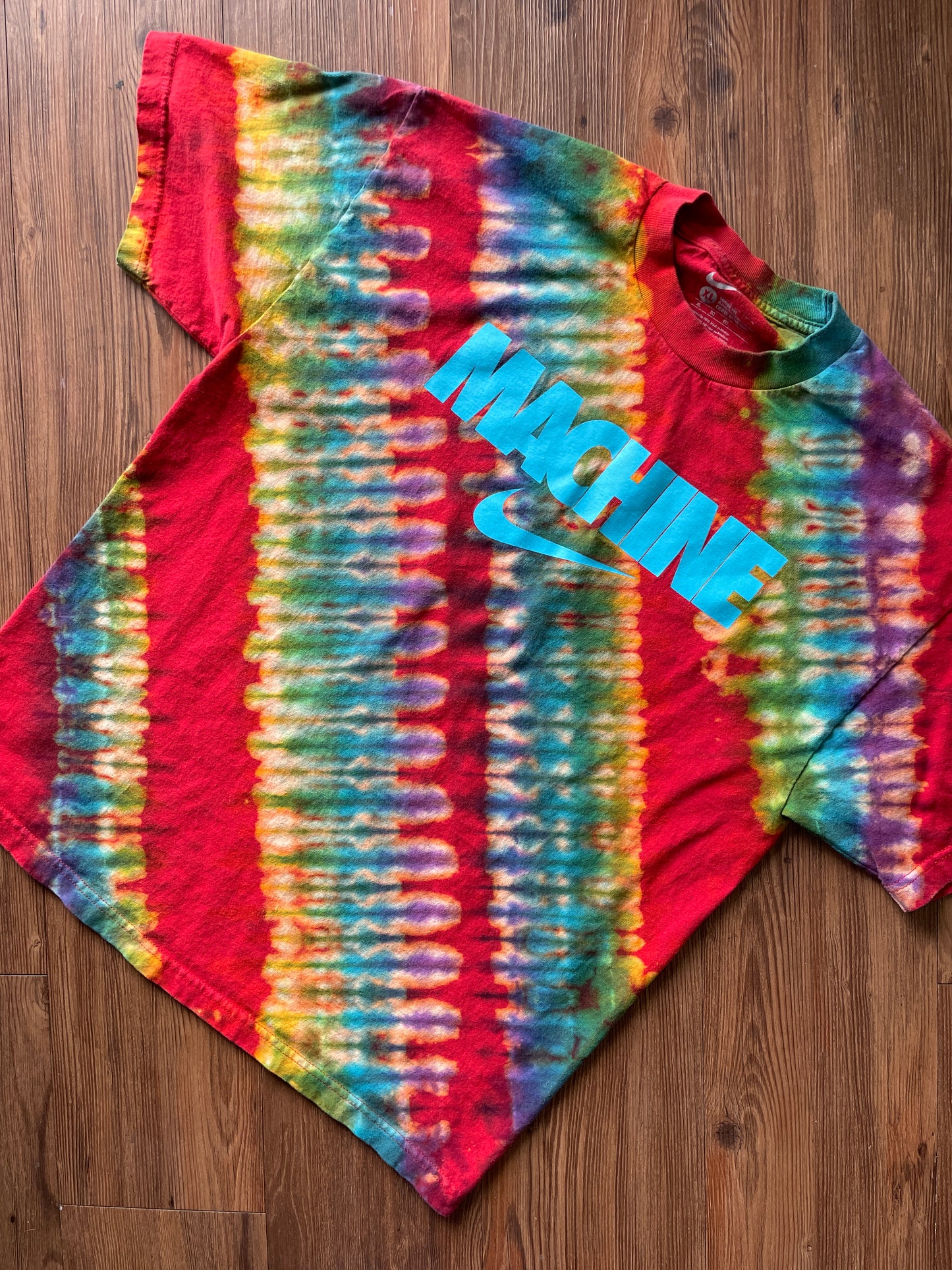 XL Men’s Nike MACHINE Handmade Tie Dye T-Shirt | Red and Rainbow Pleated Tie Dye Short Sleeve