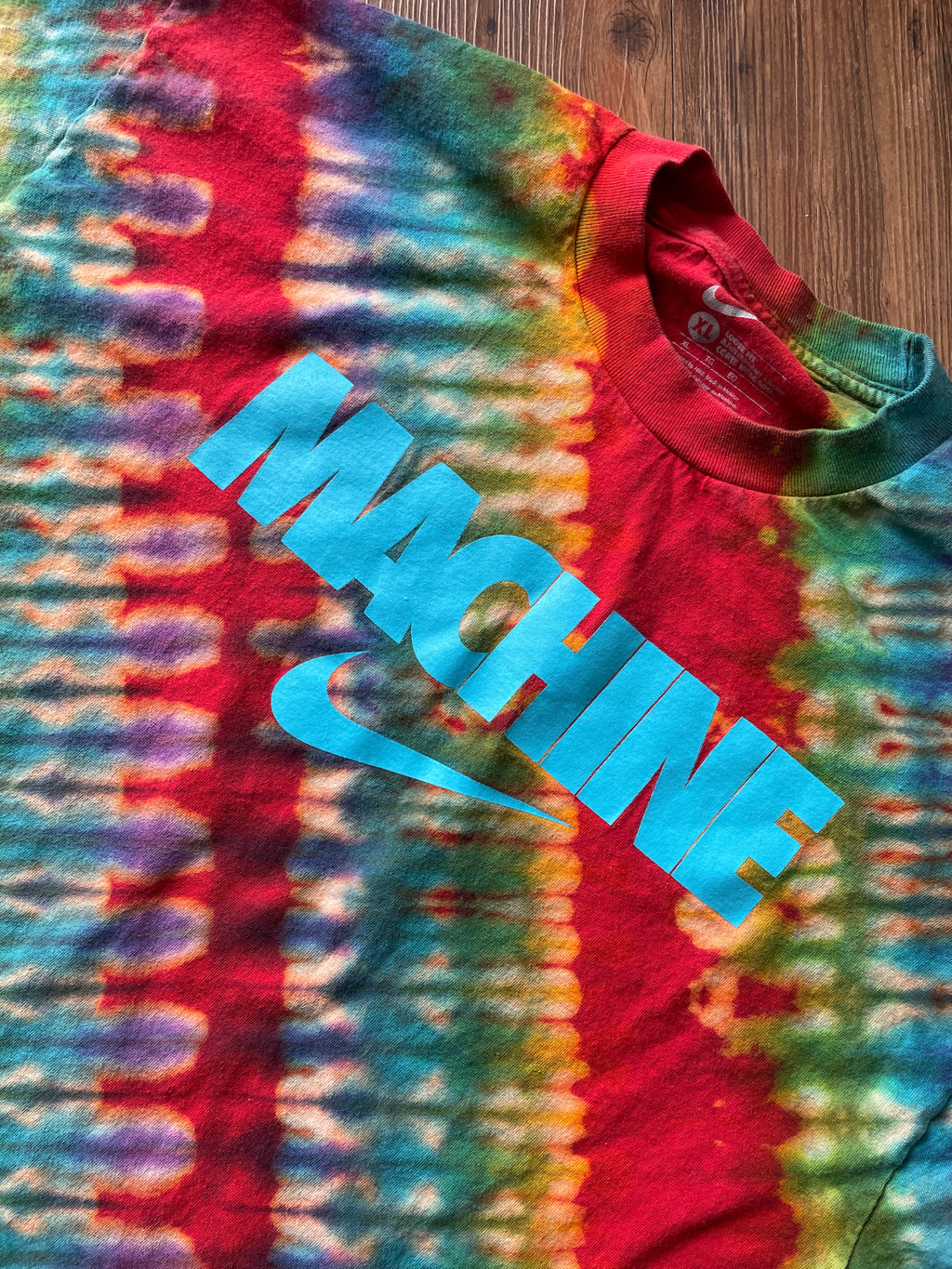 XL Men’s Nike MACHINE Handmade Tie Dye T-Shirt | Red and Rainbow Pleated Tie Dye Short Sleeve