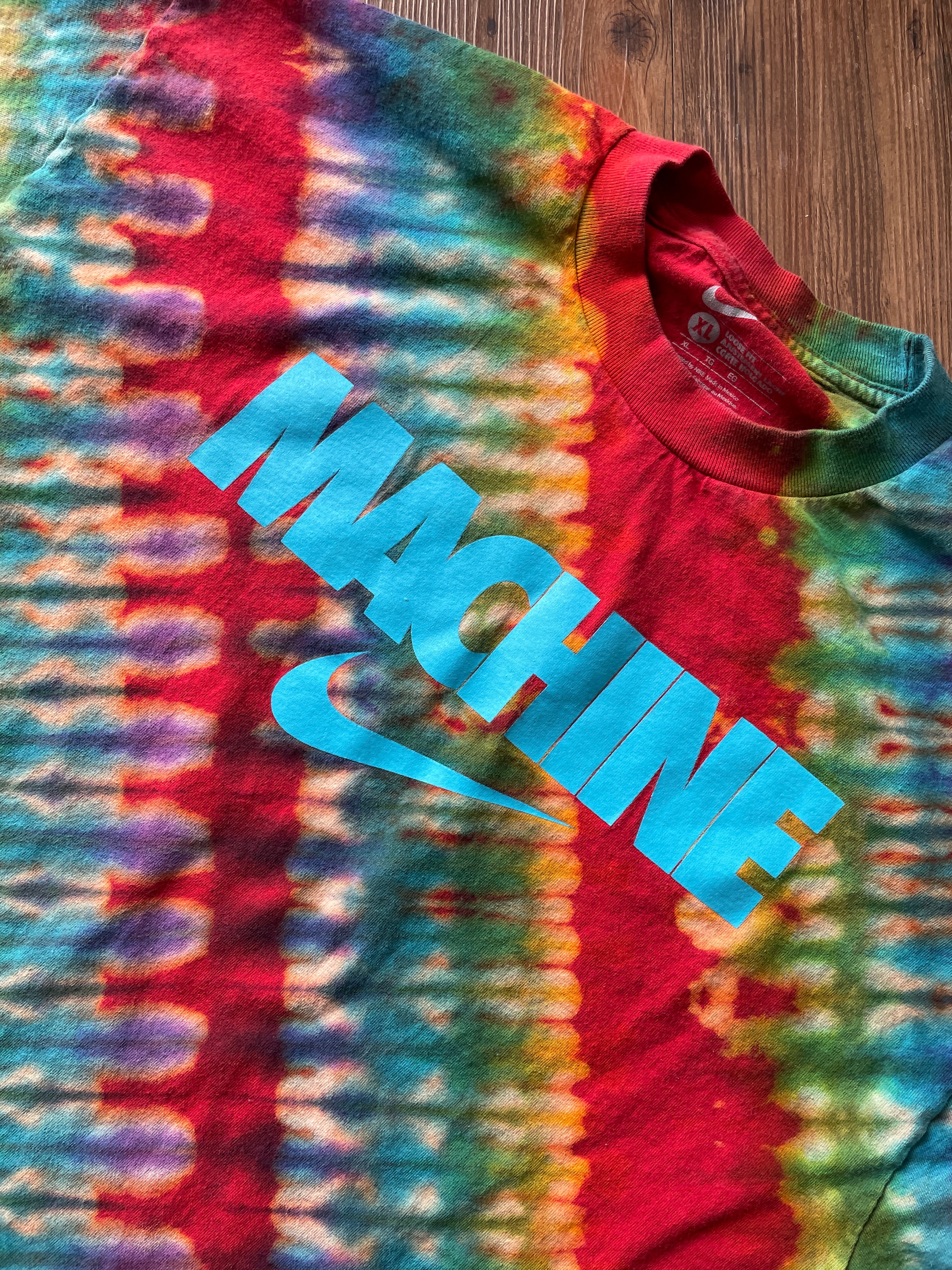 XL Men’s Nike MACHINE Handmade Tie Dye T-Shirt | Red and Rainbow Pleated Tie Dye Short Sleeve