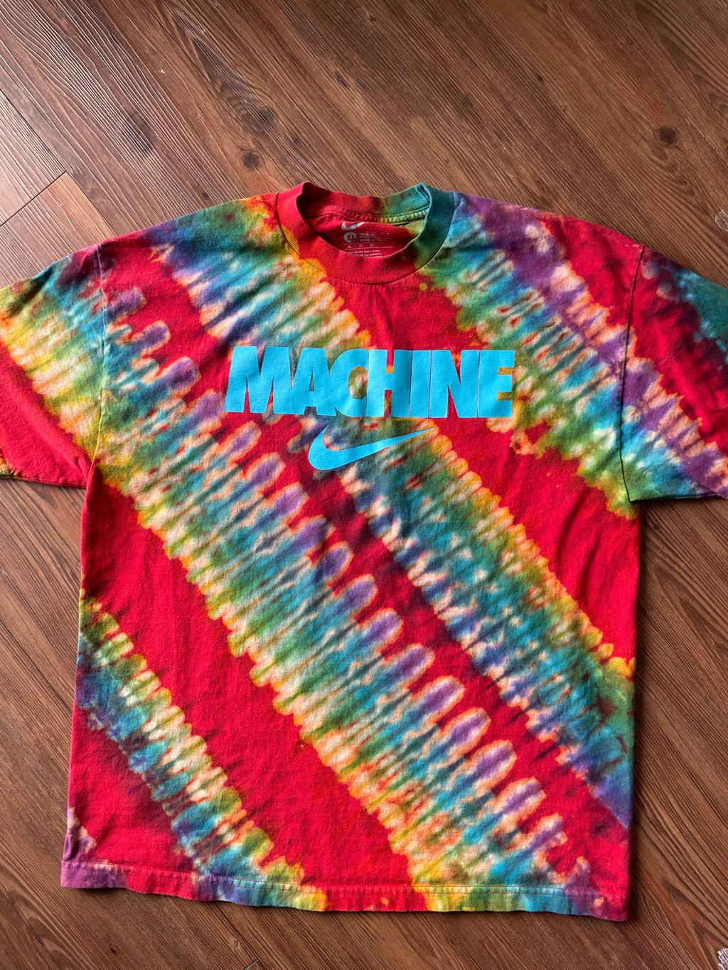 XL Men’s Nike MACHINE Handmade Tie Dye T-Shirt | Red and Rainbow Pleated Tie Dye Short Sleeve