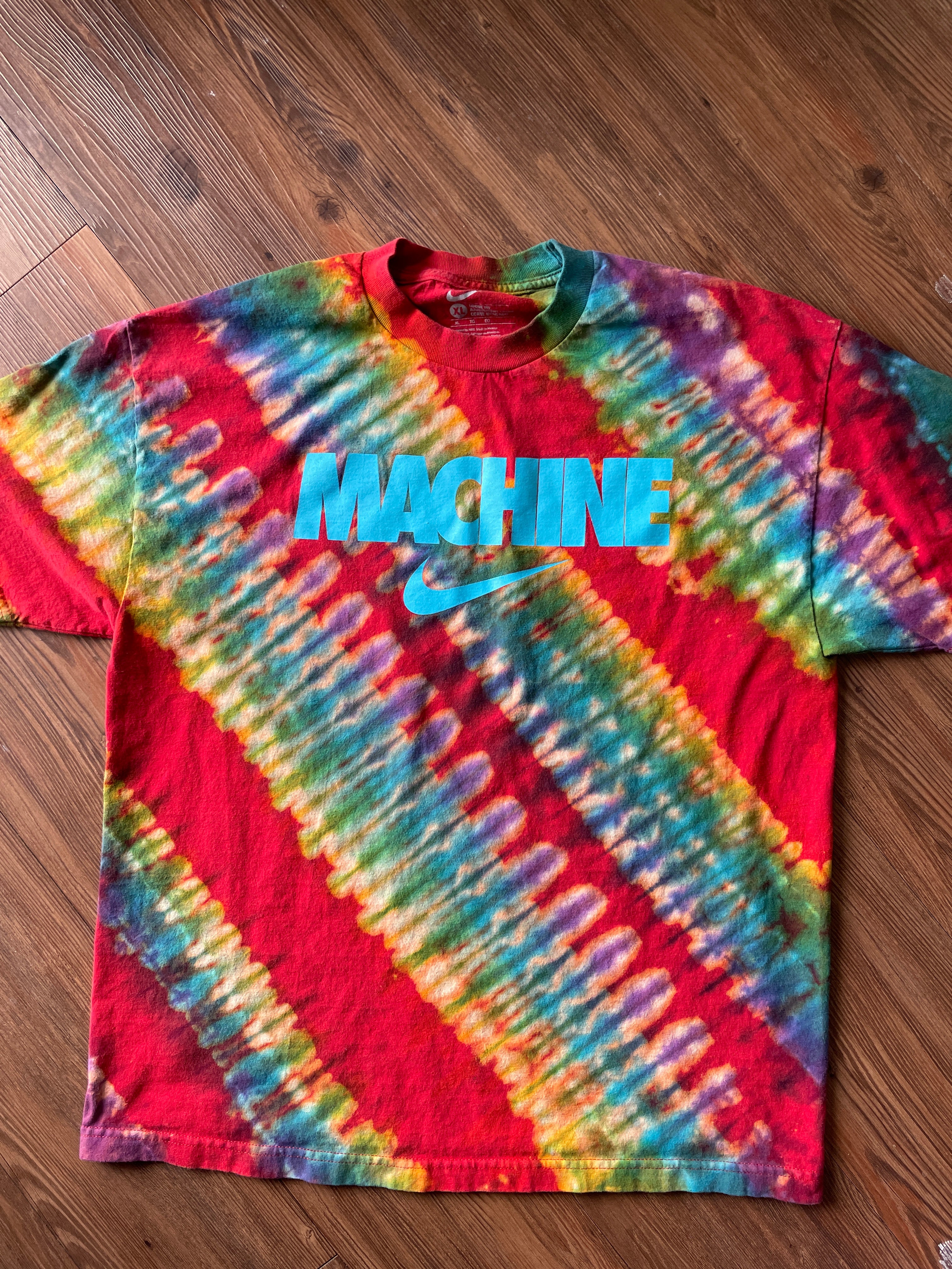 XL Men’s Nike MACHINE Handmade Tie Dye T-Shirt | Red and Rainbow Pleated Tie Dye Short Sleeve