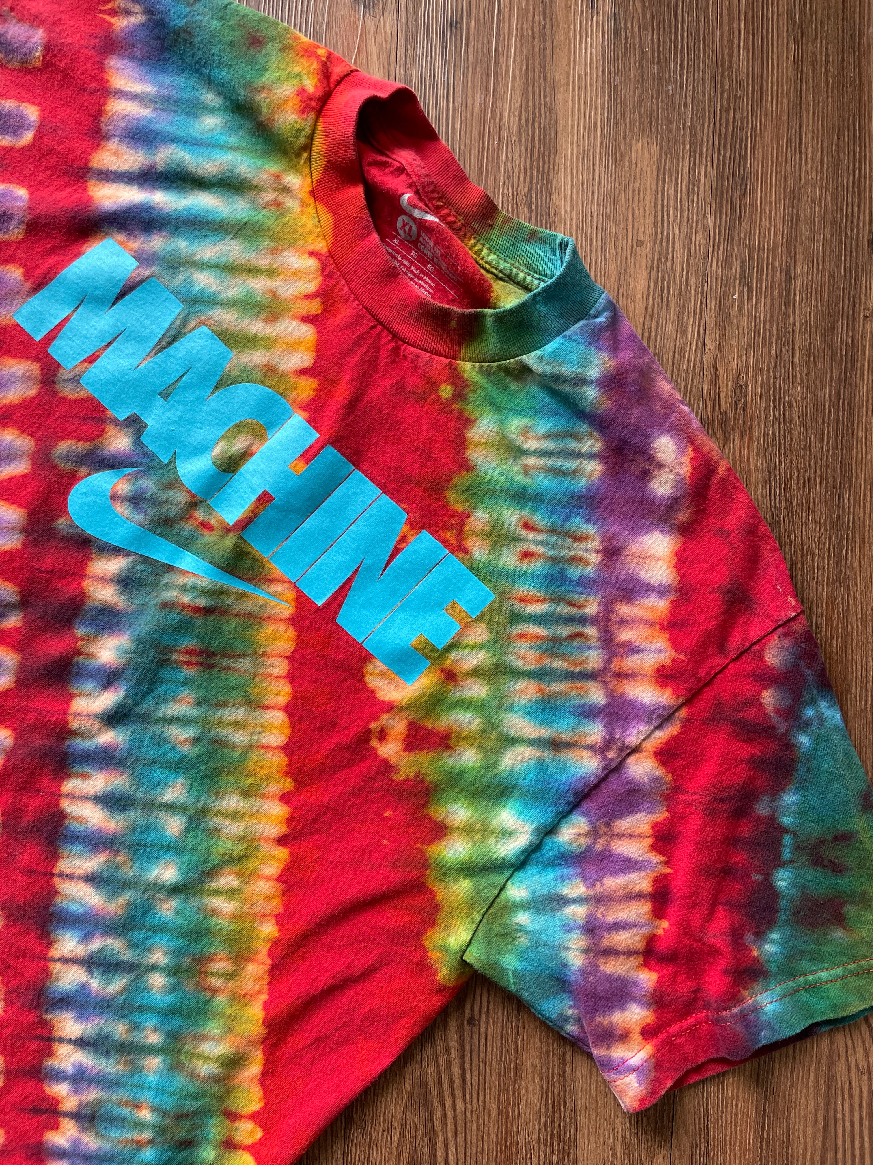 XL Men’s Nike MACHINE Handmade Tie Dye T-Shirt | Red and Rainbow Pleated Tie Dye Short Sleeve