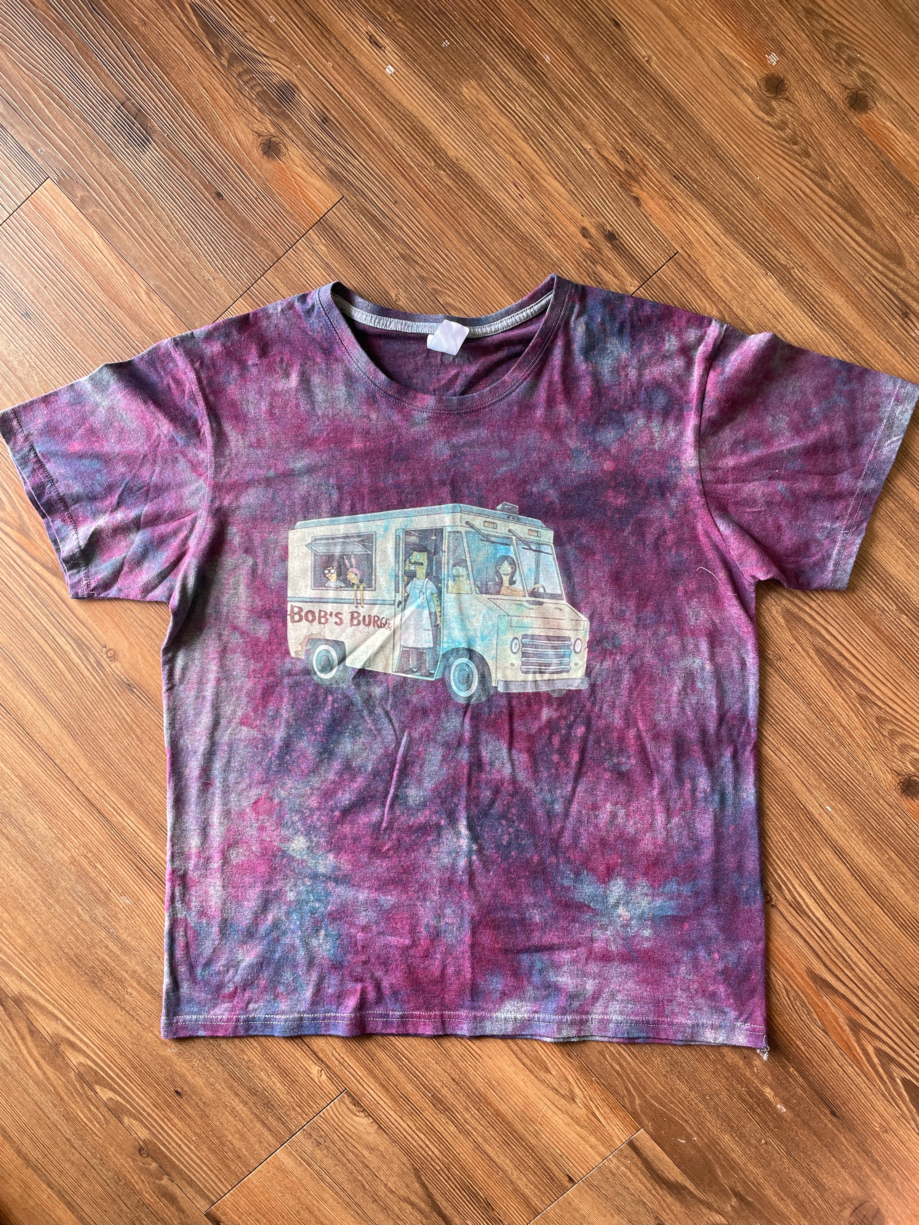 LARGE Men’s Bob’s Burgers Food Truck Tie Dye T-Shirt | Blue and Purple Handmade Reverse Tie Dye Short Sleeve