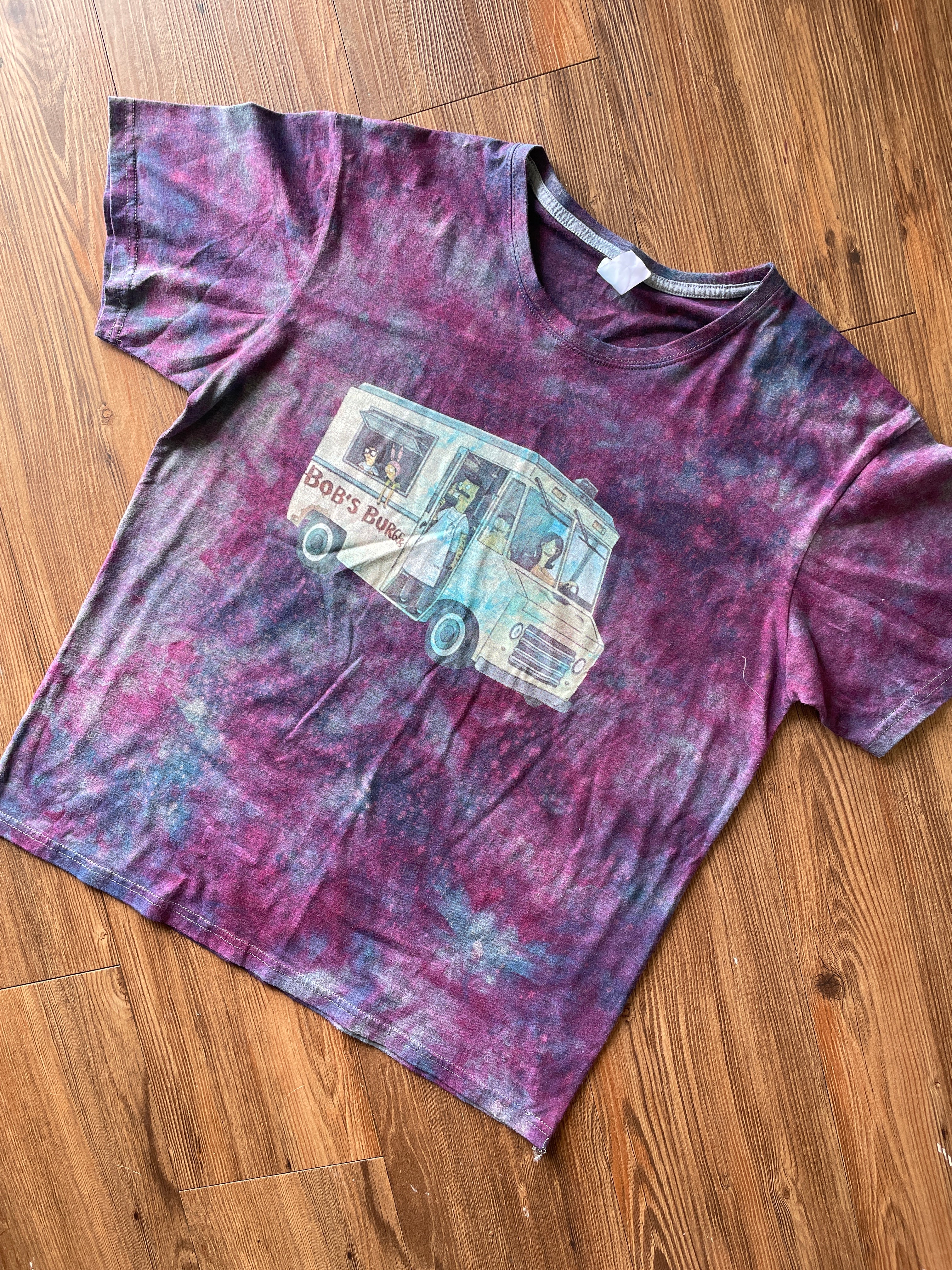 LARGE Men’s Bob’s Burgers Food Truck Tie Dye T-Shirt | Blue and Purple Handmade Reverse Tie Dye Short Sleeve
