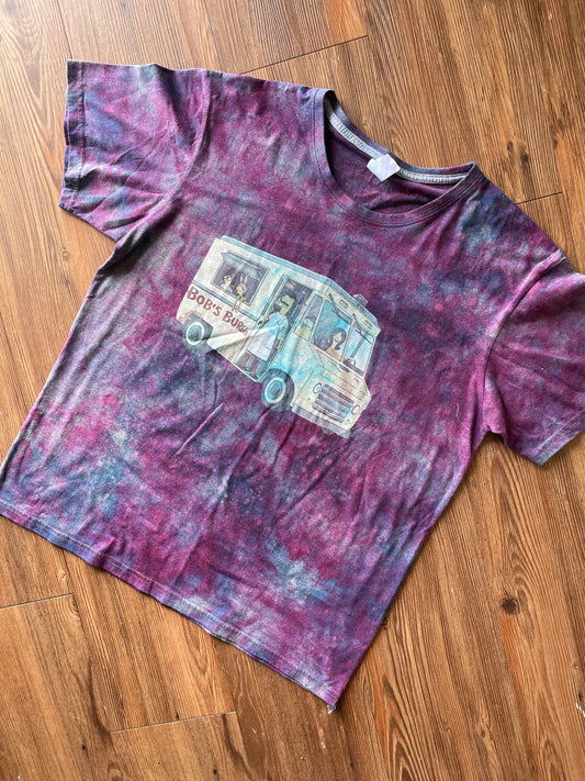 LARGE Men’s Bob’s Burgers Food Truck Tie Dye T-Shirt | Blue and Purple Handmade Reverse Tie Dye Short Sleeve