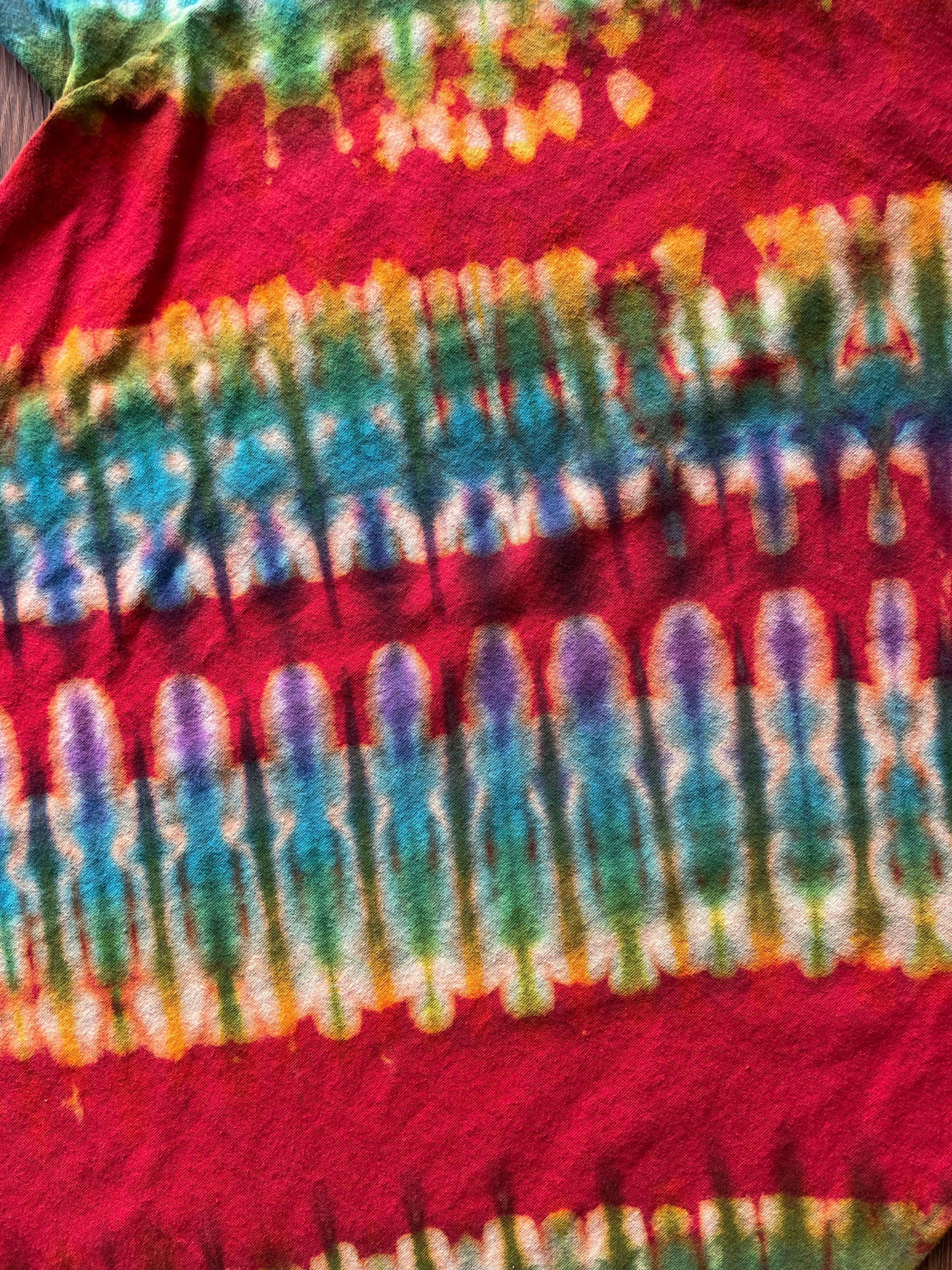 XL Men’s Nike MACHINE Handmade Tie Dye T-Shirt | Red and Rainbow Pleated Tie Dye Short Sleeve