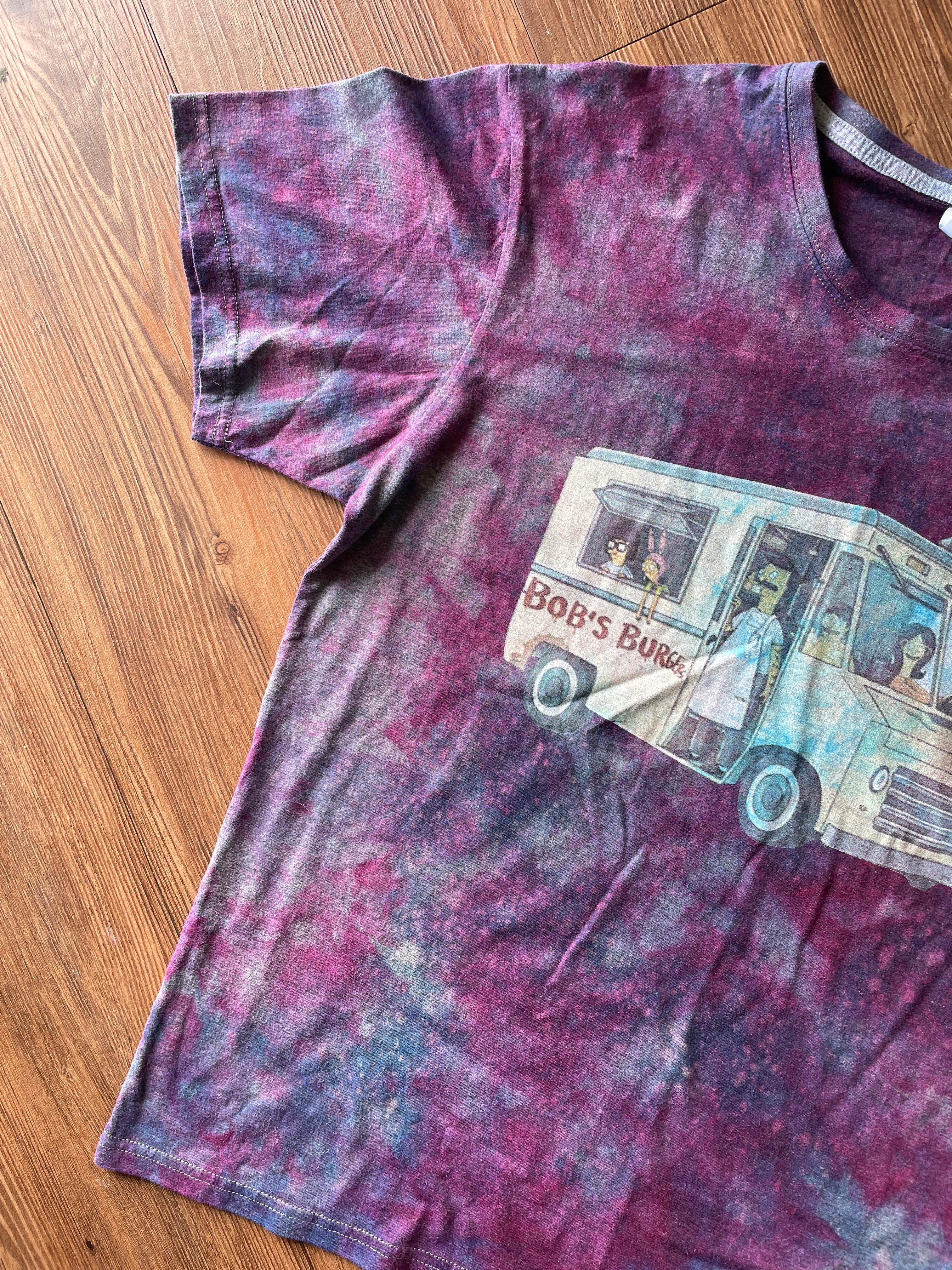 LARGE Men’s Bob’s Burgers Food Truck Tie Dye T-Shirt | Blue and Purple Handmade Reverse Tie Dye Short Sleeve