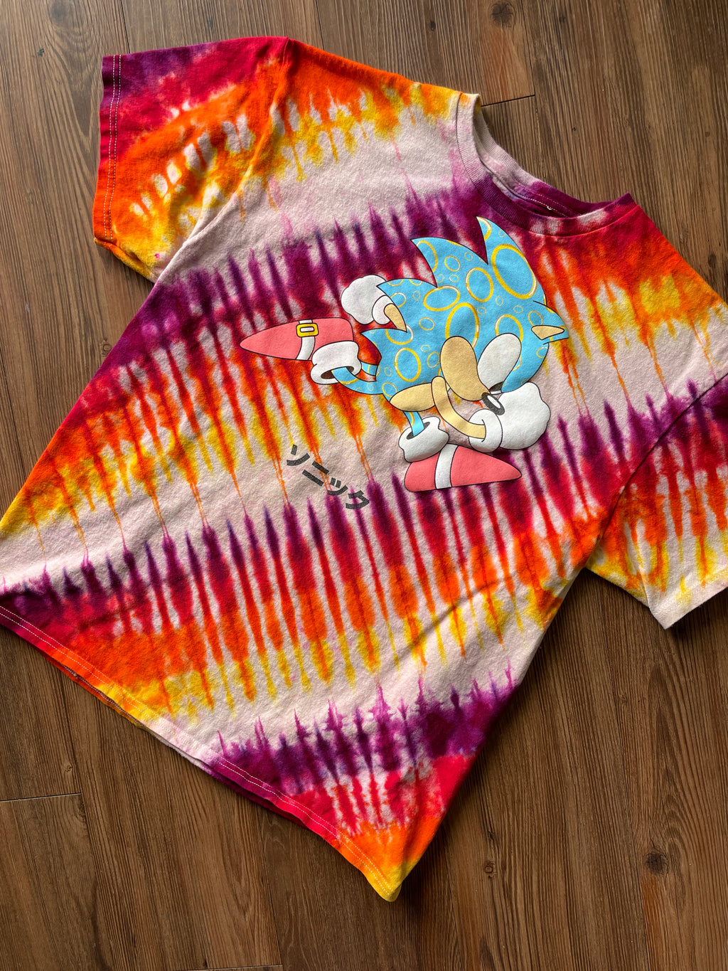 Large Men’s Sonic the Hedgehog Handmade Tie Dye T-Shirt | Pink, Orange, and Yellow Pleated Tie Dye Short Sleeve