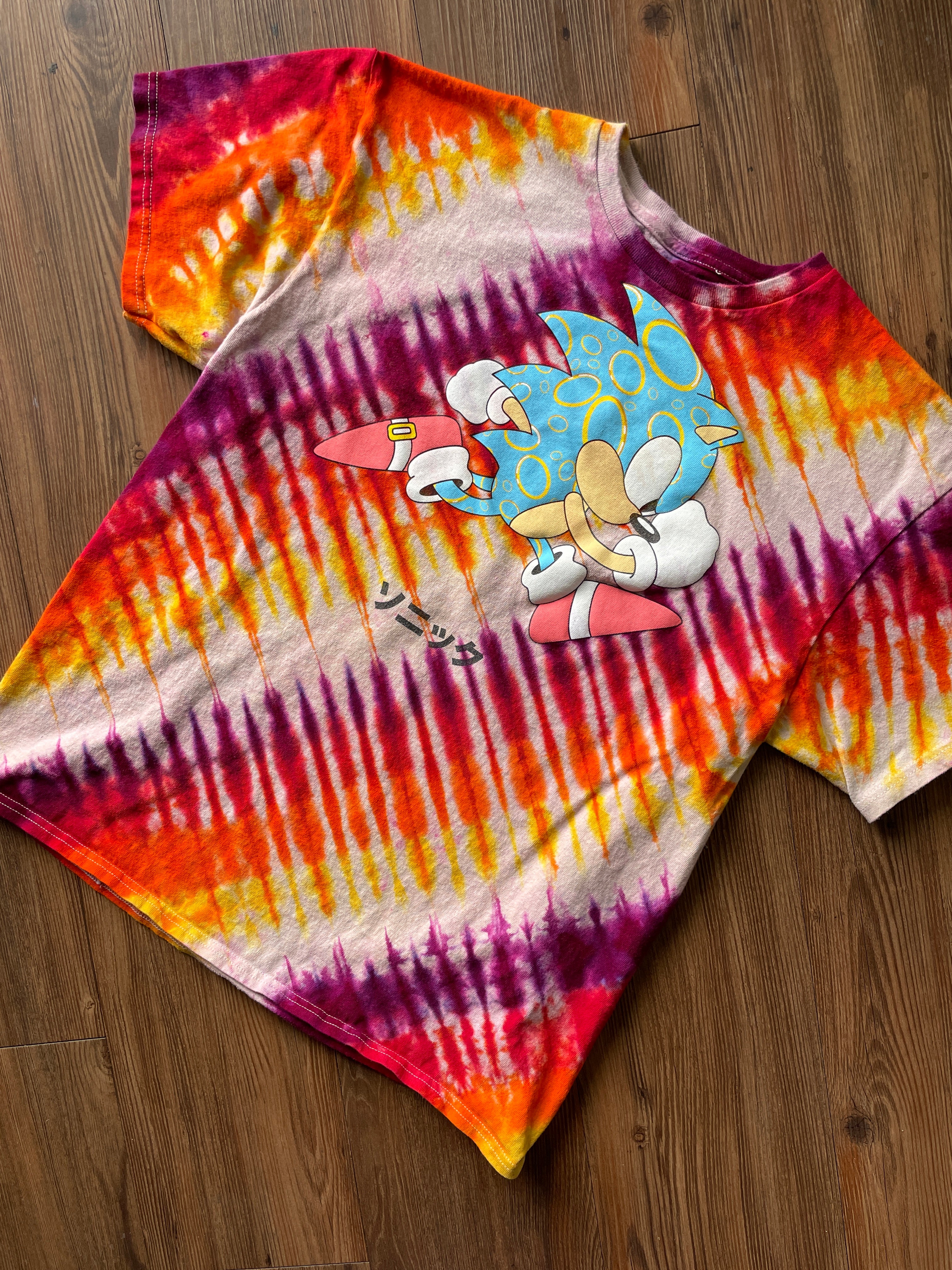 Large Men’s Sonic the Hedgehog Handmade Tie Dye T-Shirt | Pink, Orange, and Yellow Pleated Tie Dye Short Sleeve