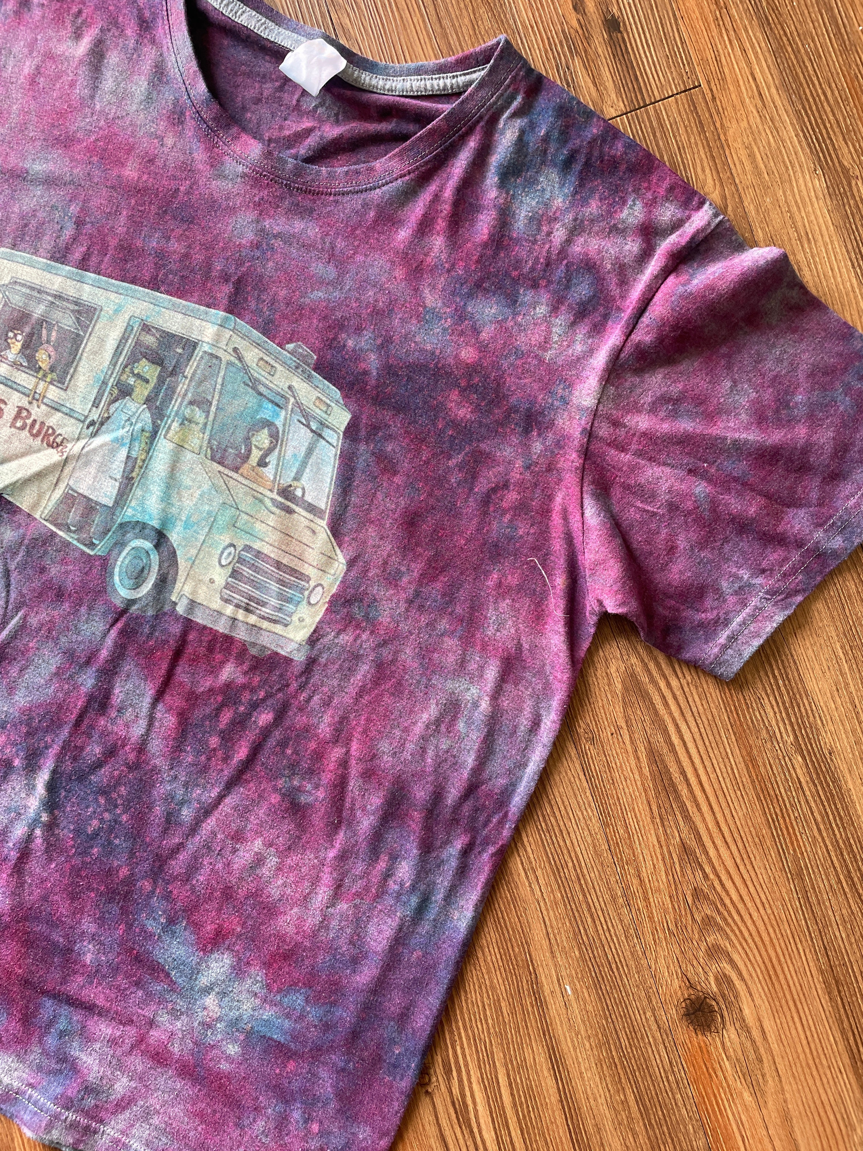 LARGE Men’s Bob’s Burgers Food Truck Tie Dye T-Shirt | Blue and Purple Handmade Reverse Tie Dye Short Sleeve