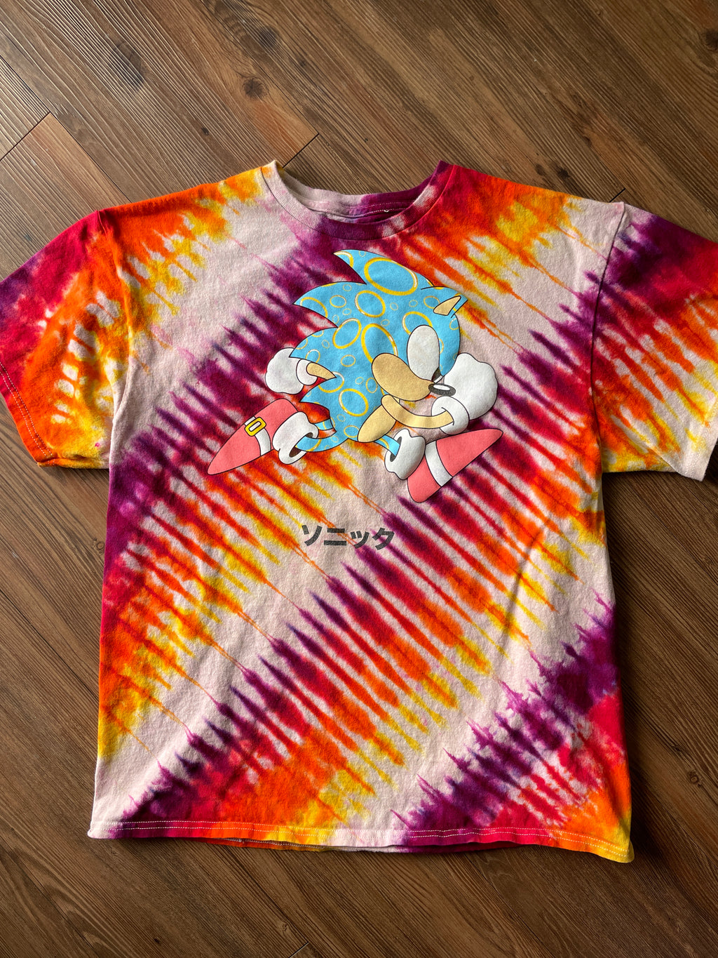 Large Men’s Sonic the Hedgehog Handmade Tie Dye T-Shirt | Pink, Orange, and Yellow Pleated Tie Dye Short Sleeve