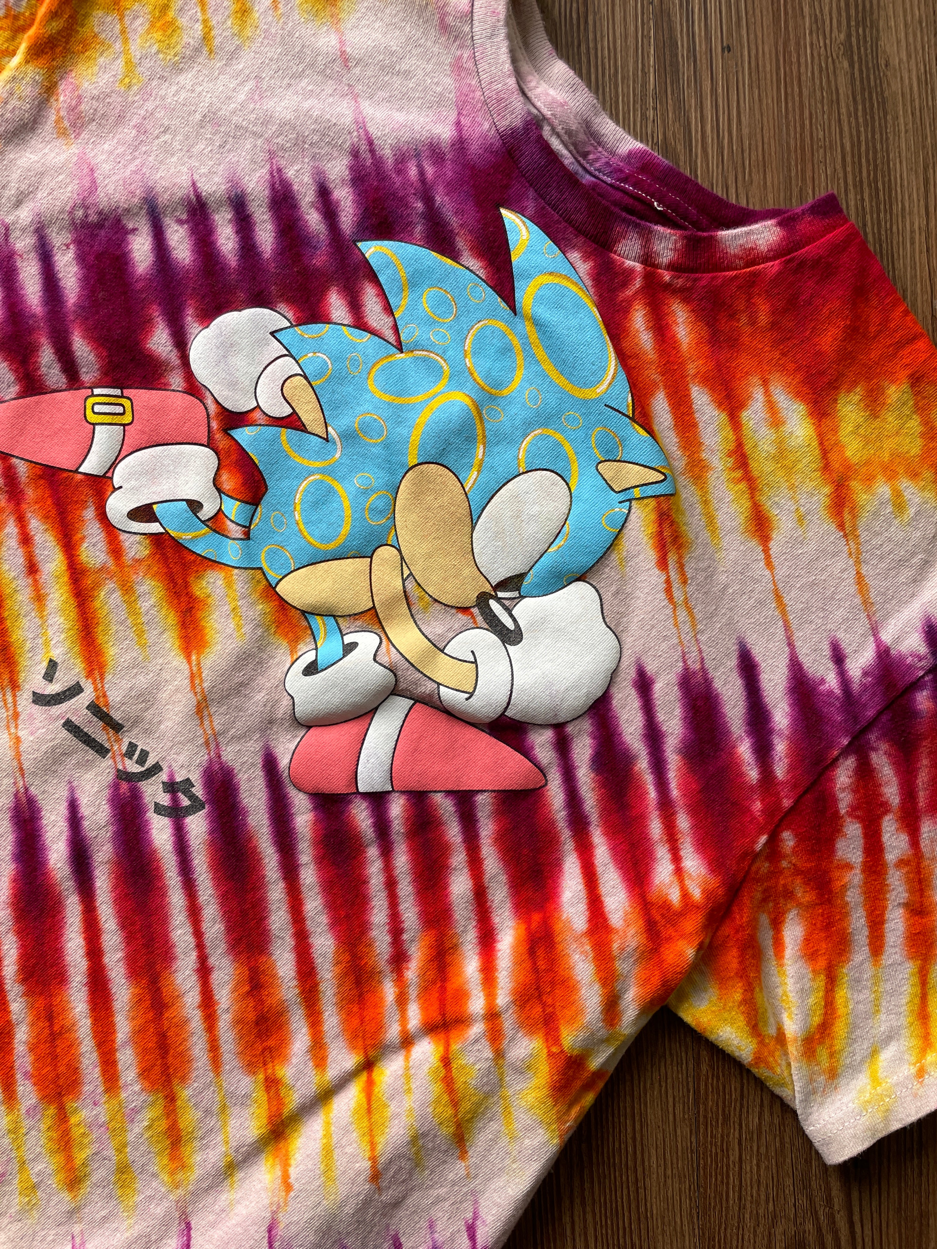 Large Men’s Sonic the Hedgehog Handmade Tie Dye T-Shirt | Pink, Orange, and Yellow Pleated Tie Dye Short Sleeve
