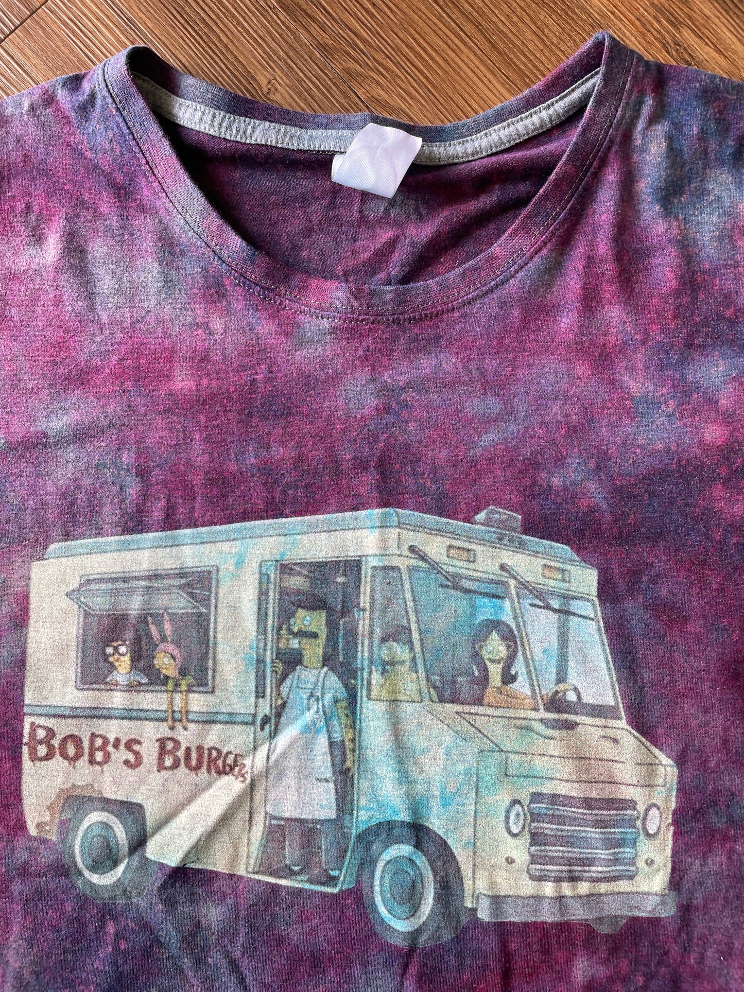 LARGE Men’s Bob’s Burgers Food Truck Tie Dye T-Shirt | Blue and Purple Handmade Reverse Tie Dye Short Sleeve