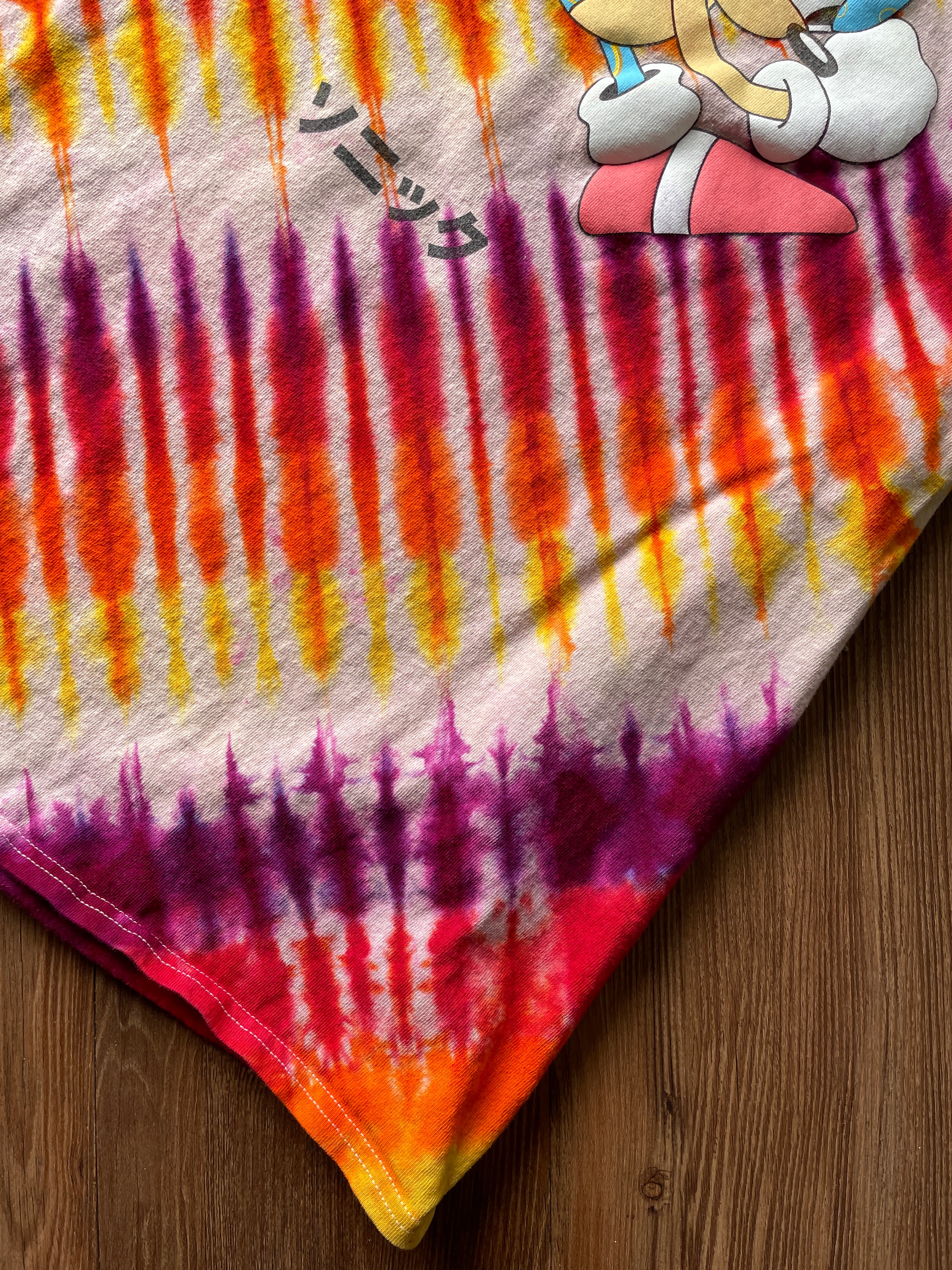 Large Men’s Sonic the Hedgehog Handmade Tie Dye T-Shirt | Pink, Orange, and Yellow Pleated Tie Dye Short Sleeve