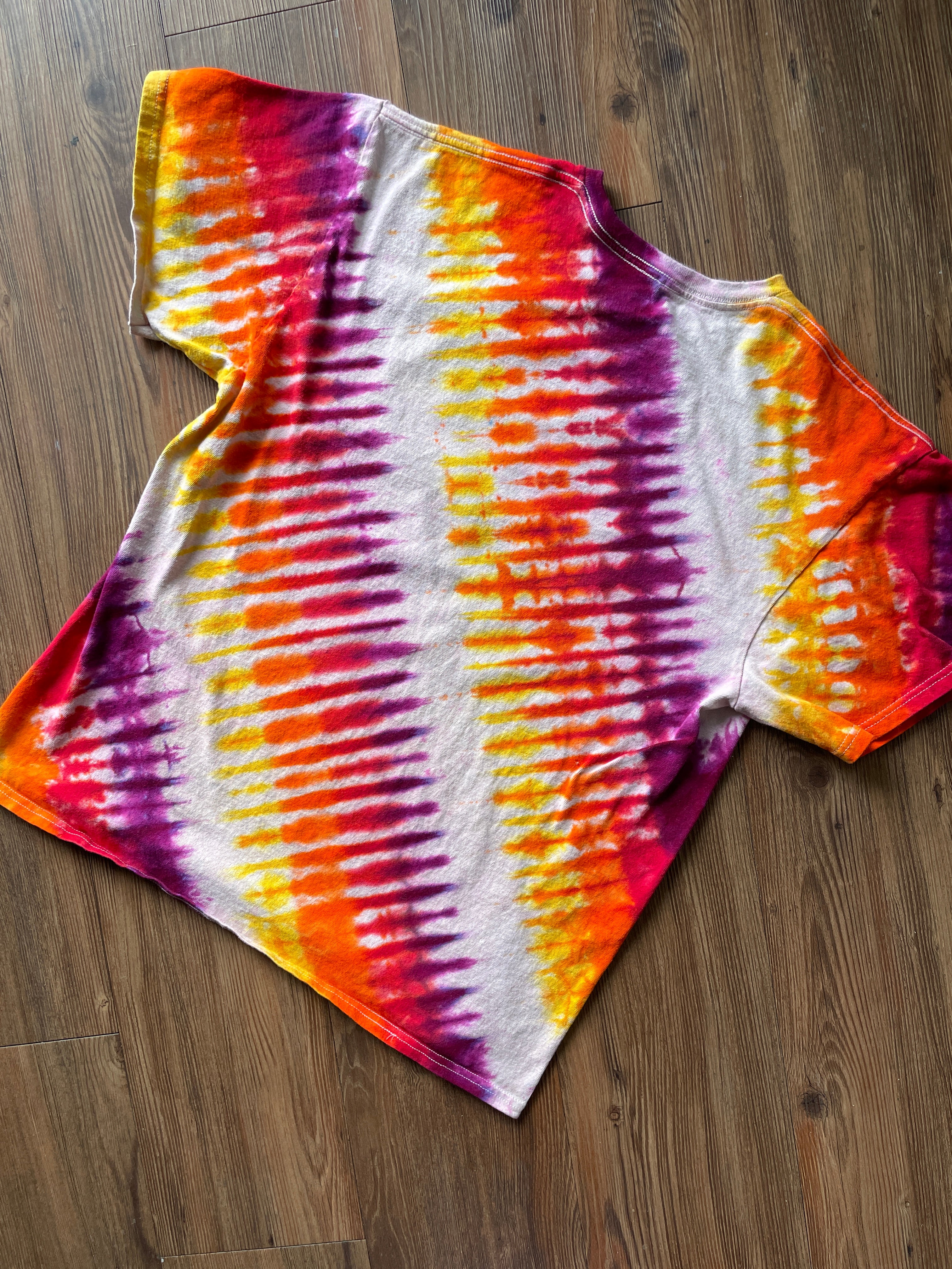 Large Men’s Sonic the Hedgehog Handmade Tie Dye T-Shirt | Pink, Orange, and Yellow Pleated Tie Dye Short Sleeve