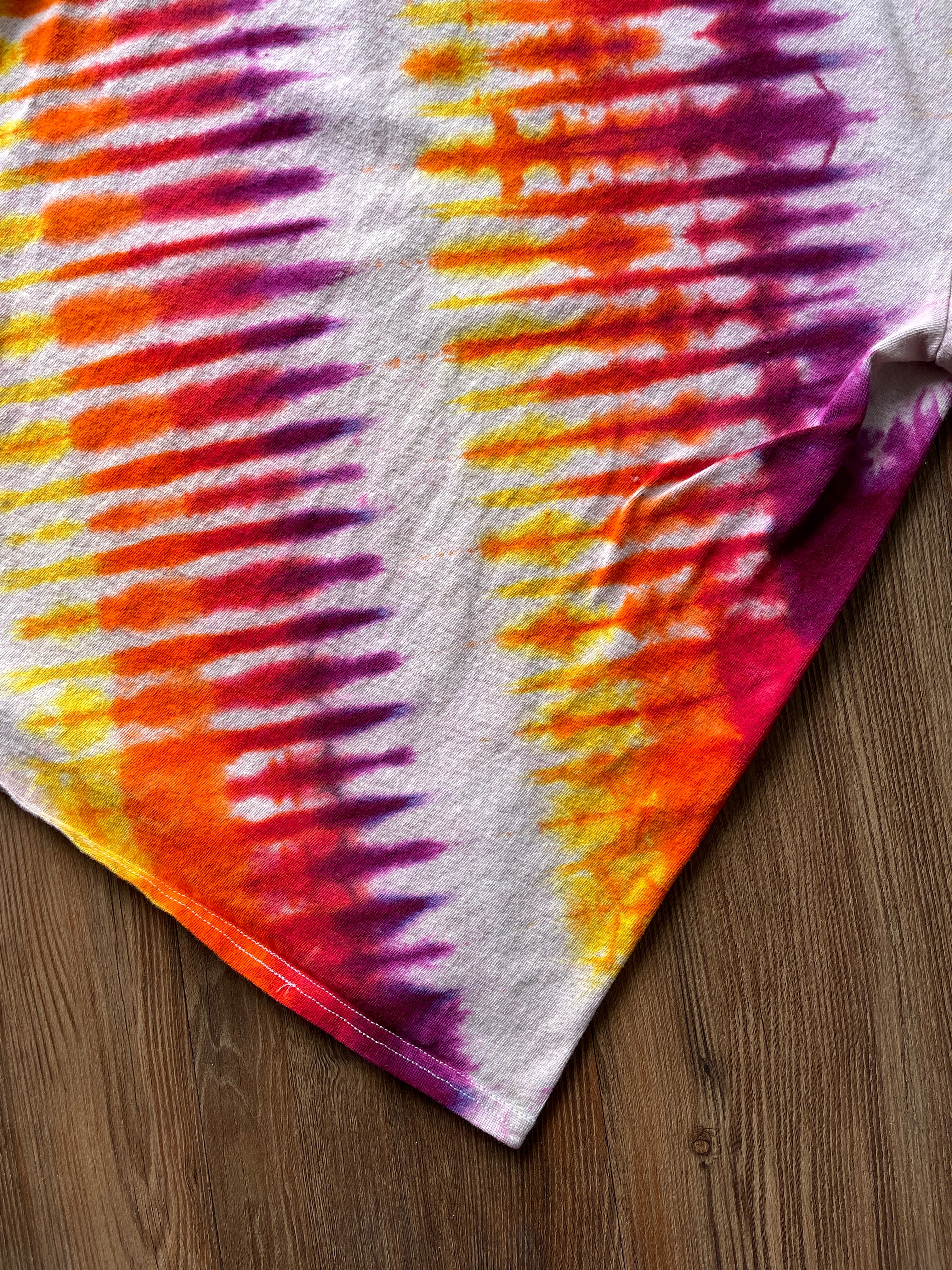 Large Men’s Sonic the Hedgehog Handmade Tie Dye T-Shirt | Pink, Orange, and Yellow Pleated Tie Dye Short Sleeve