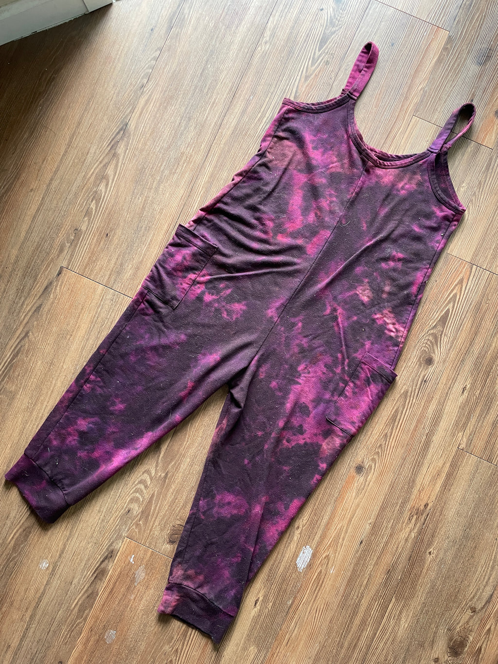 Medium Women's Handmade Tie Dye Jumpsuit | Maroon and Black Crumpled Sleeveless Jumpsuit