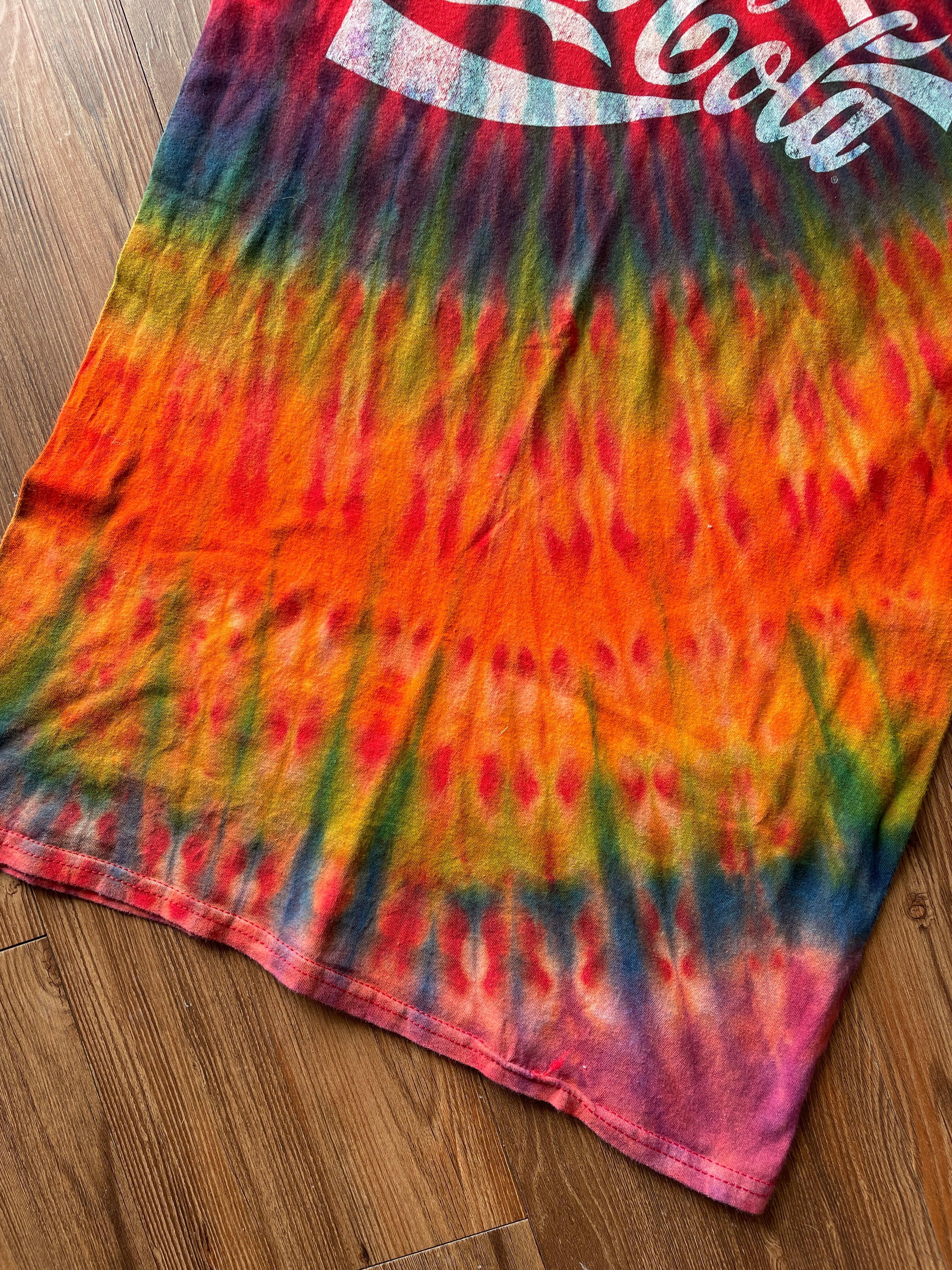 SMALL Men’s Coca-Cola Rainbow Tie Dye T-Shirt | Red and Rainbow Reverse Tie Dye Short Sleeve
