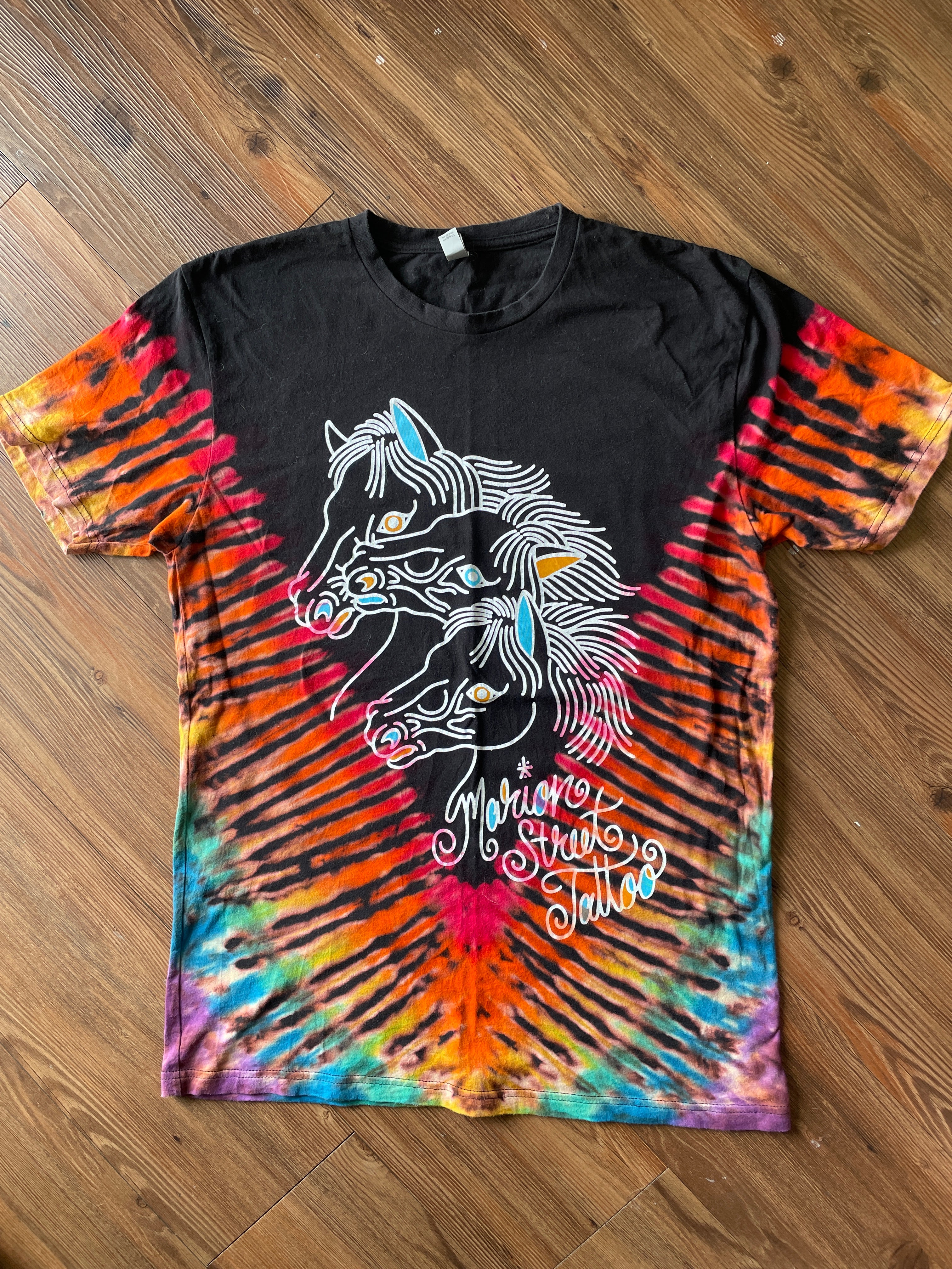 LARGE Men’s Marion Street Tattoo Tie Dye T-Shirt | Pharoah’s Horses Black Rainbow Reverse Tie Dye Short Sleeve