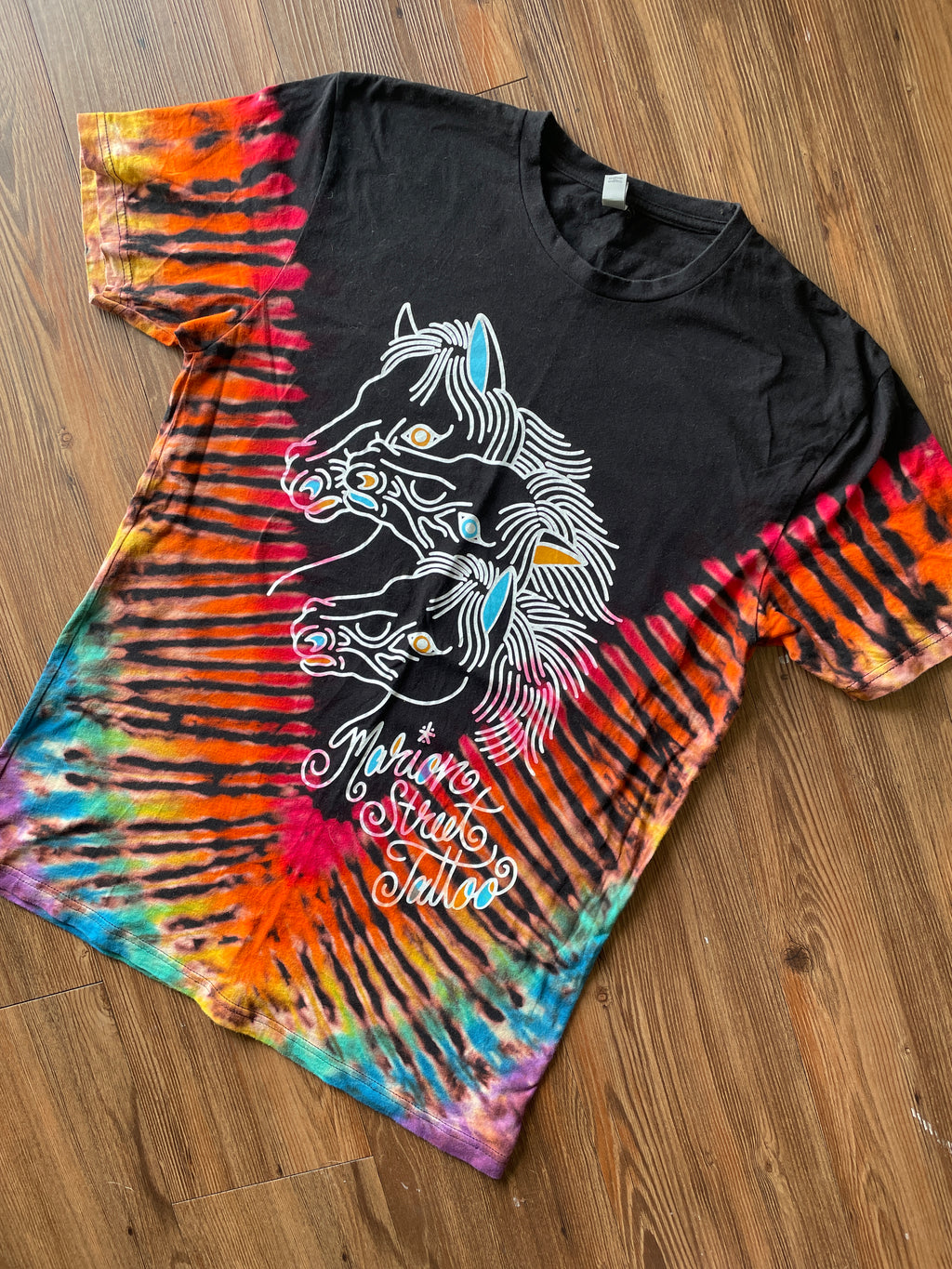 LARGE Men’s Marion Street Tattoo Tie Dye T-Shirt | Pharoah’s Horses Black Rainbow Reverse Tie Dye Short Sleeve