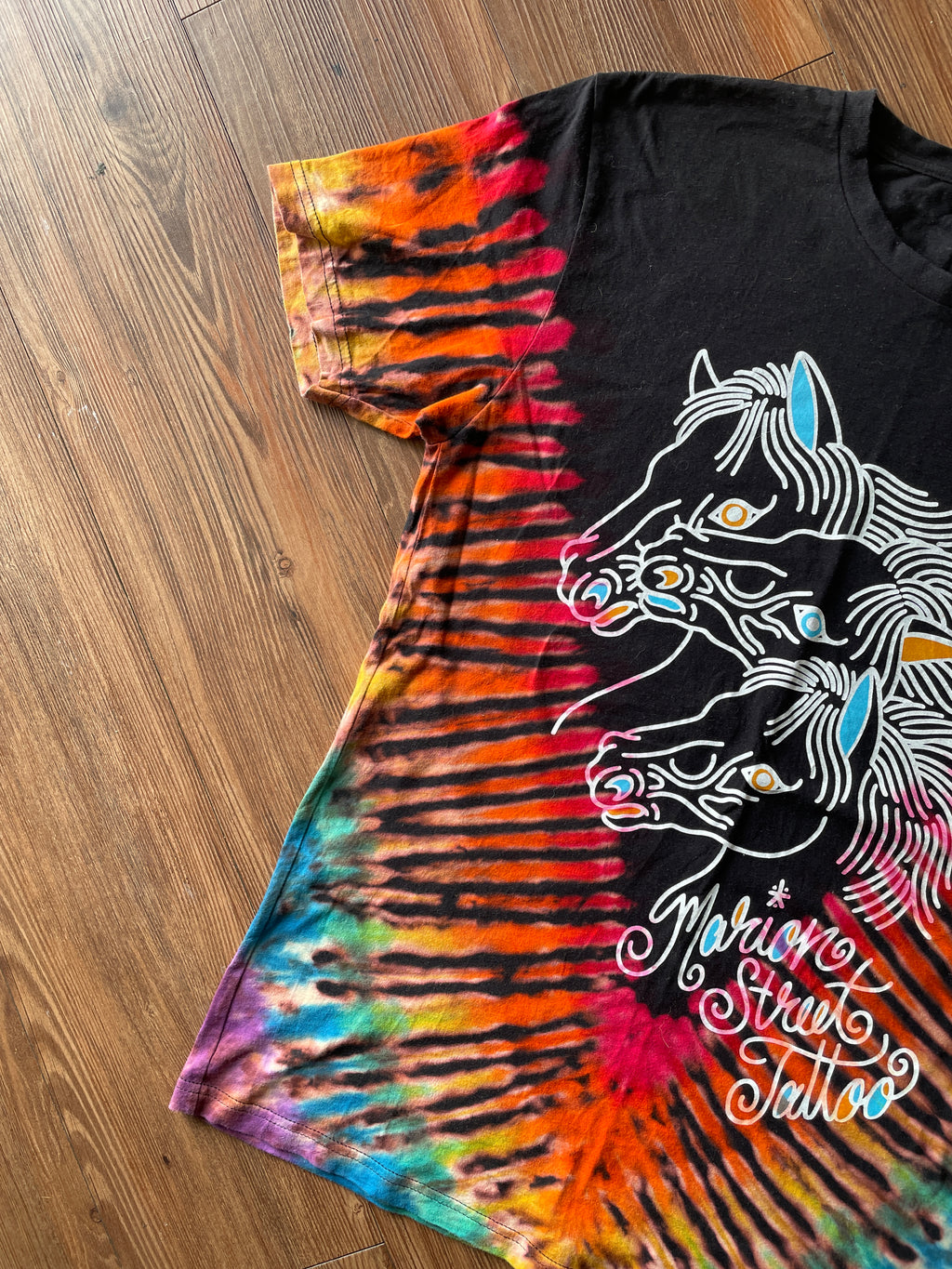 LARGE Men’s Marion Street Tattoo Tie Dye T-Shirt | Pharoah’s Horses Black Rainbow Reverse Tie Dye Short Sleeve