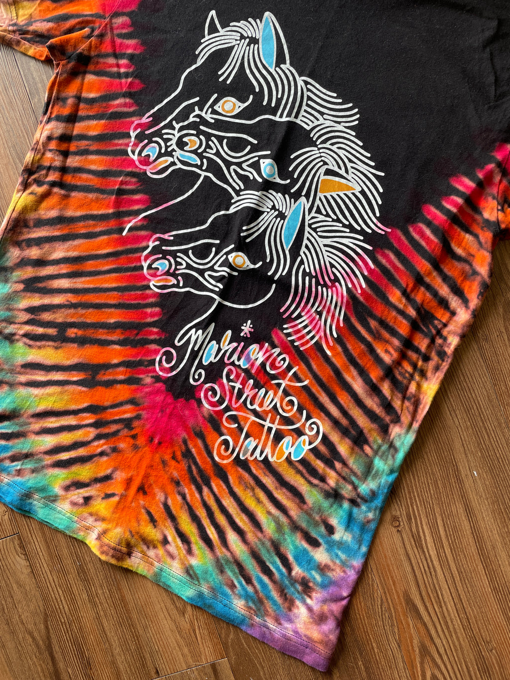 LARGE Men’s Marion Street Tattoo Tie Dye T-Shirt | Pharoah’s Horses Black Rainbow Reverse Tie Dye Short Sleeve