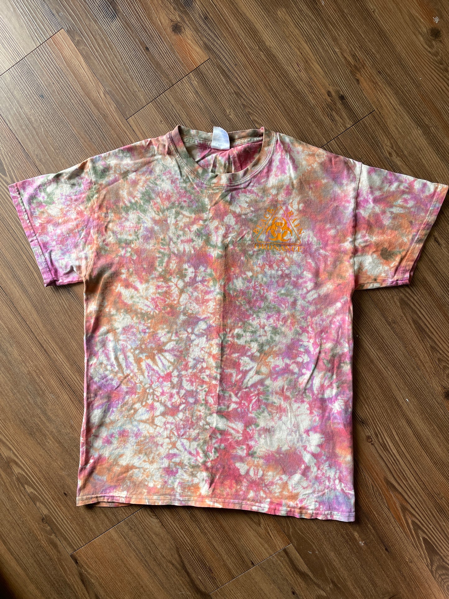 MEDIUM Men’s Black Rain Ordinance Tie Dye T-Shirt | Orange and Pink Reverse Tie Dye Short Sleeve