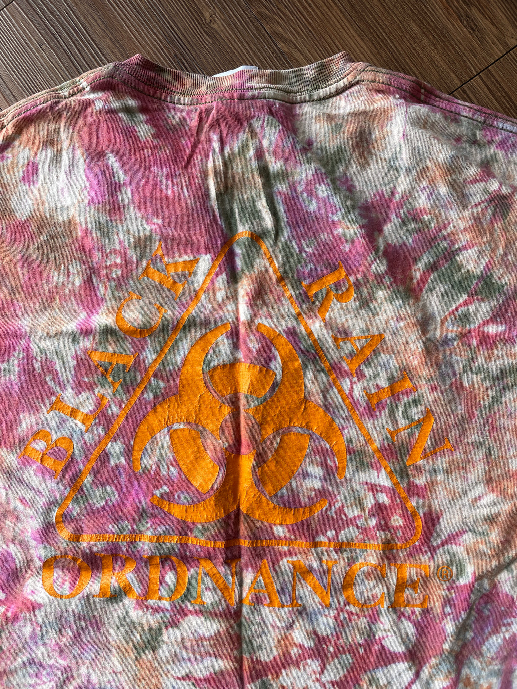 MEDIUM Men’s Black Rain Ordinance Tie Dye T-Shirt | Orange and Pink Reverse Tie Dye Short Sleeve