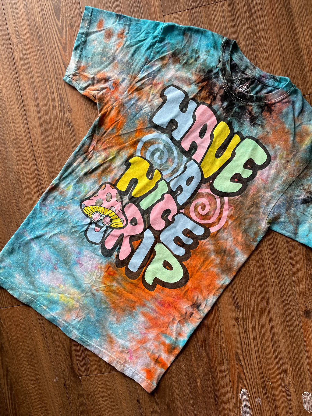 Medium Men’s Have a Nice Trip Handmade Reverse Tie Dye T-Shirt | Blue and Black Crumpled Tie Dye Short Sleeve