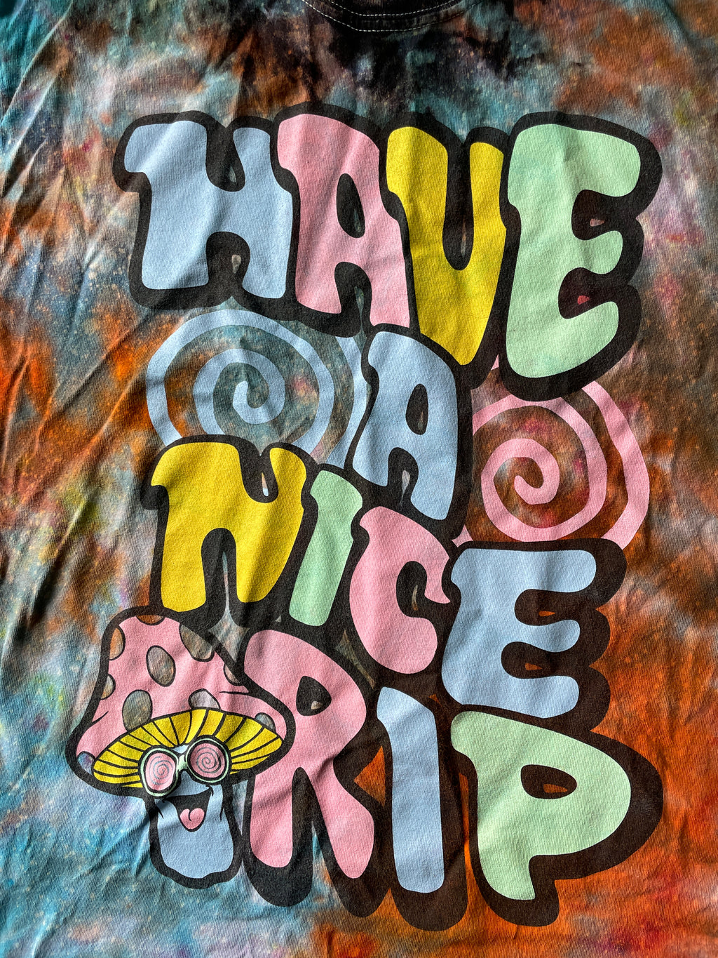 Medium Men’s Have a Nice Trip Handmade Reverse Tie Dye T-Shirt | Blue and Black Crumpled Tie Dye Short Sleeve