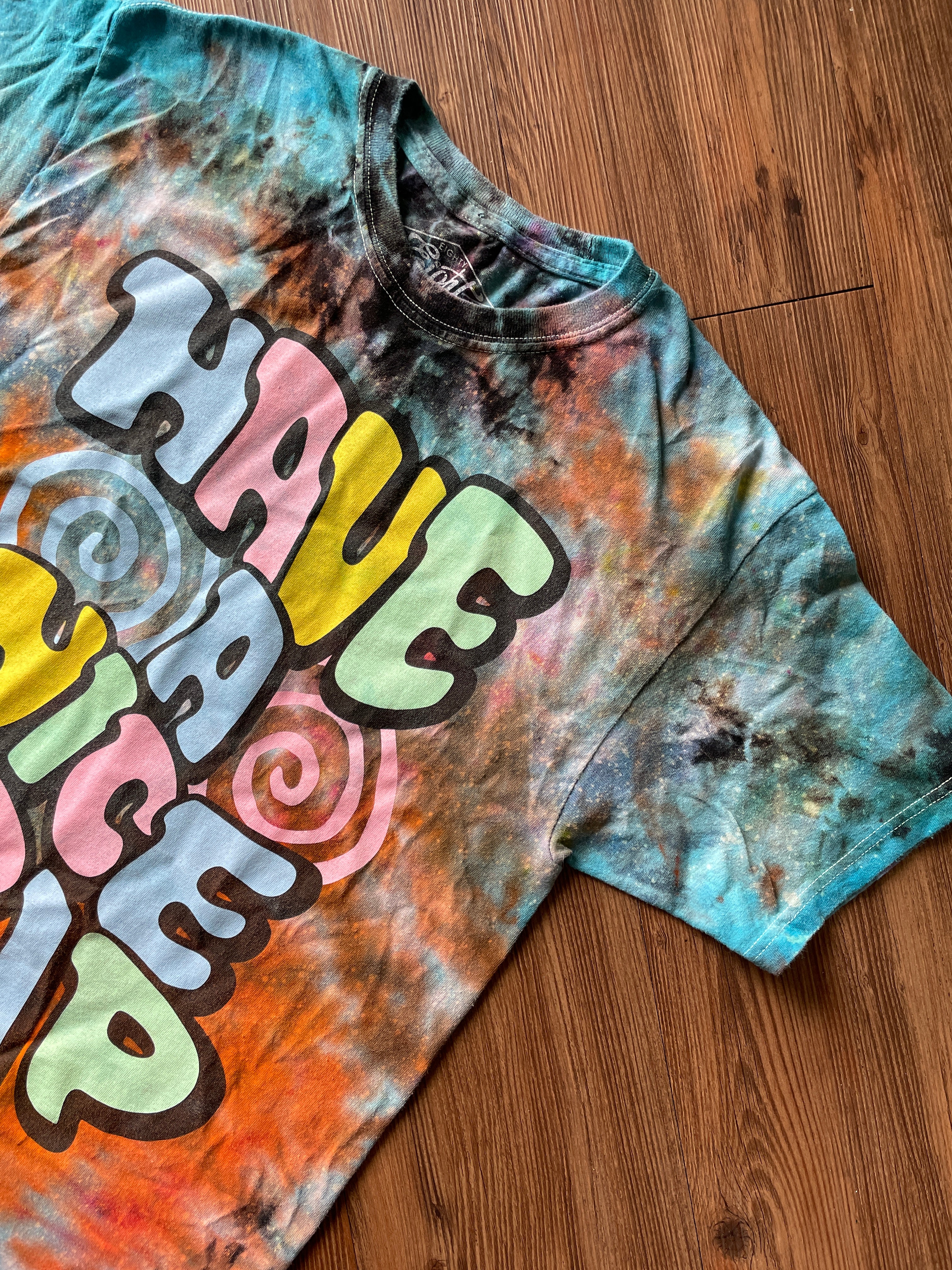 Medium Men’s Have a Nice Trip Handmade Reverse Tie Dye T-Shirt | Blue and Black Crumpled Tie Dye Short Sleeve