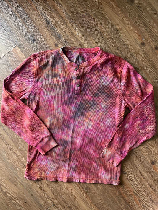 Medium Men’s Earth Tones Tie Dye Henley Shirt | Red and Orange Galaxy Dye Long Sleeve