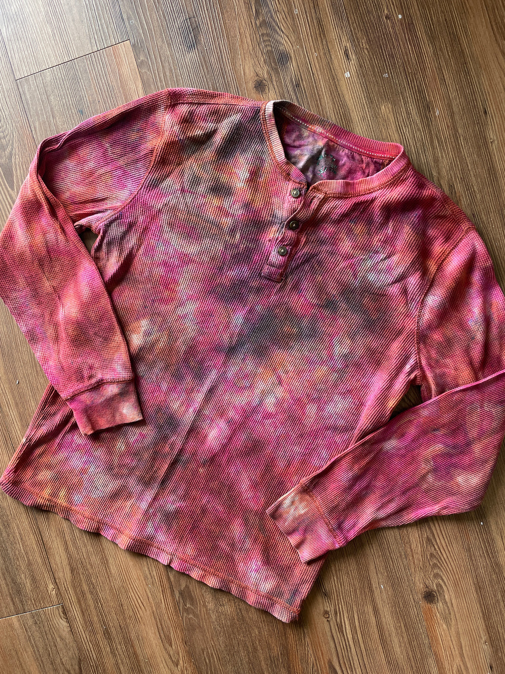 Medium Men’s Earth Tones Tie Dye Henley Shirt | Red and Orange Galaxy Dye Long Sleeve