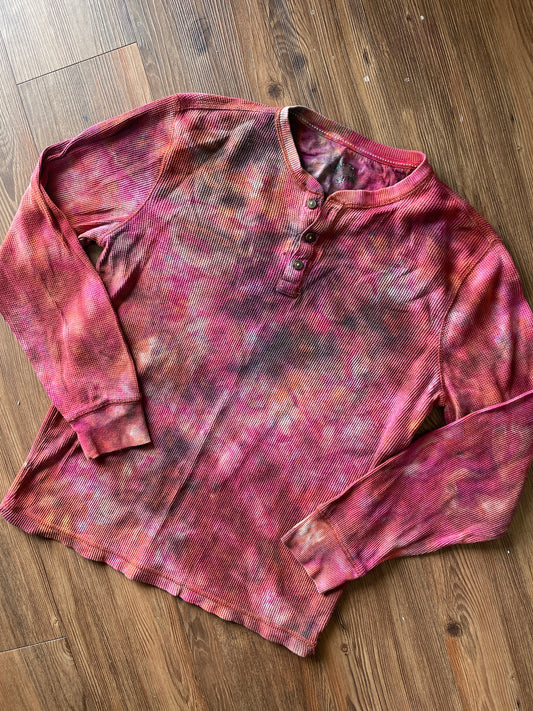 Medium Men’s Earth Tones Tie Dye Henley Shirt | Red and Orange Galaxy Dye Long Sleeve