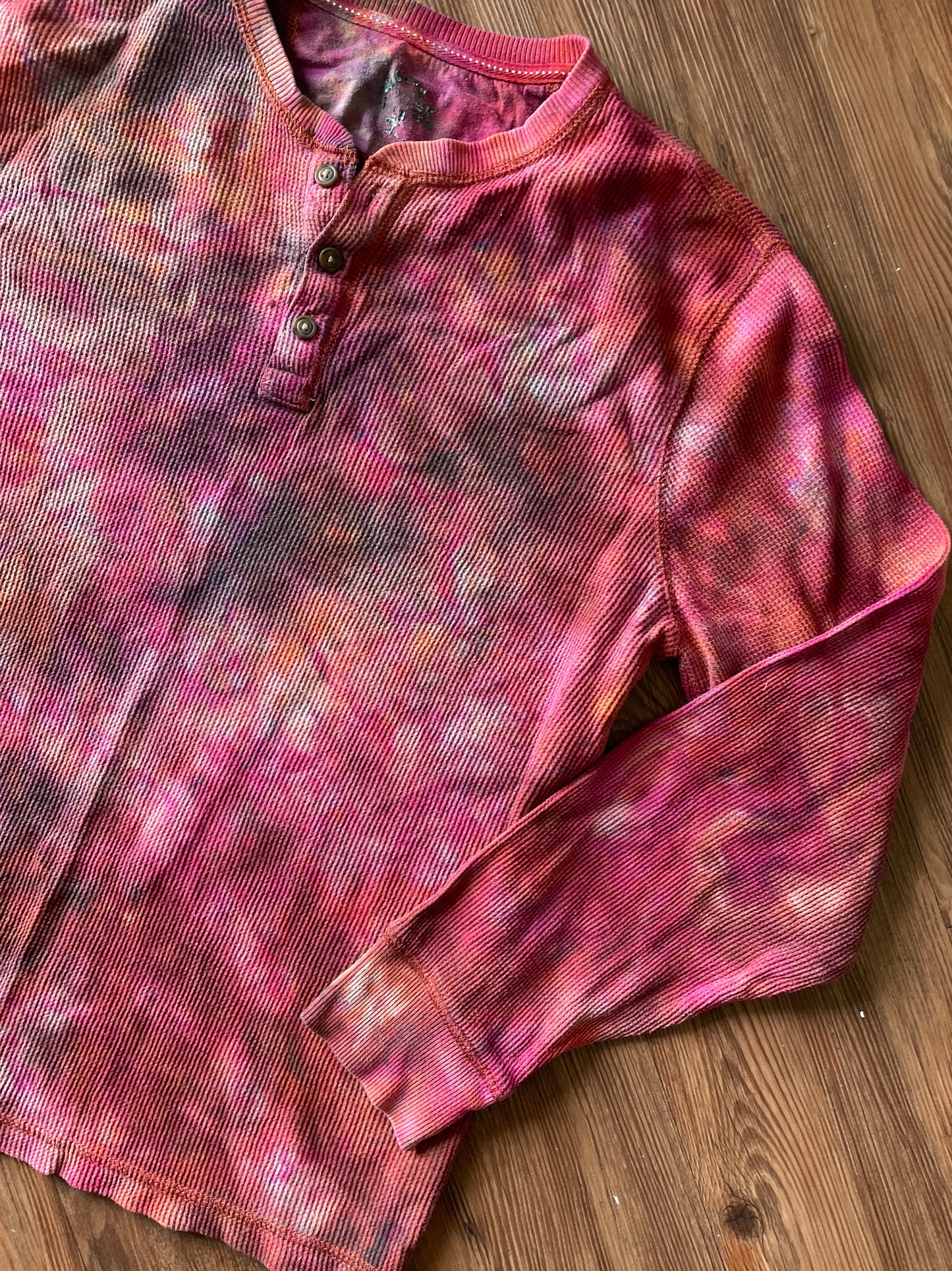 Medium Men’s Earth Tones Tie Dye Henley Shirt | Red and Orange Galaxy Dye Long Sleeve