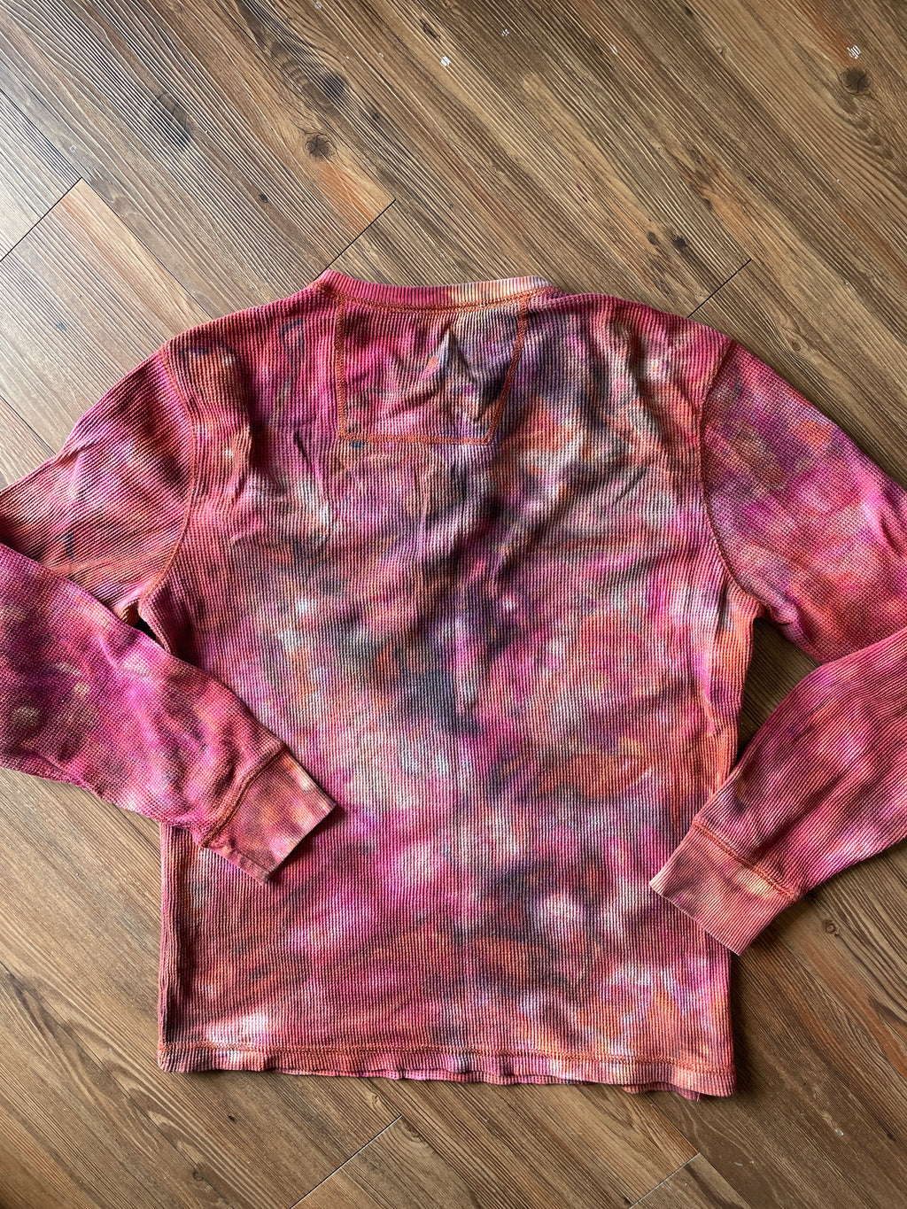 Medium Men’s Earth Tones Tie Dye Henley Shirt | Red and Orange Galaxy Dye Long Sleeve
