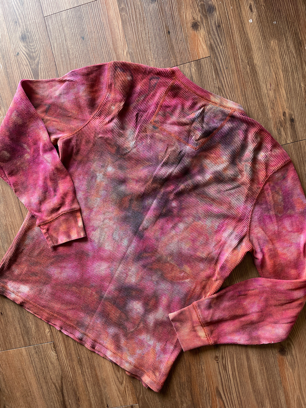 Medium Men’s Earth Tones Tie Dye Henley Shirt | Red and Orange Galaxy Dye Long Sleeve