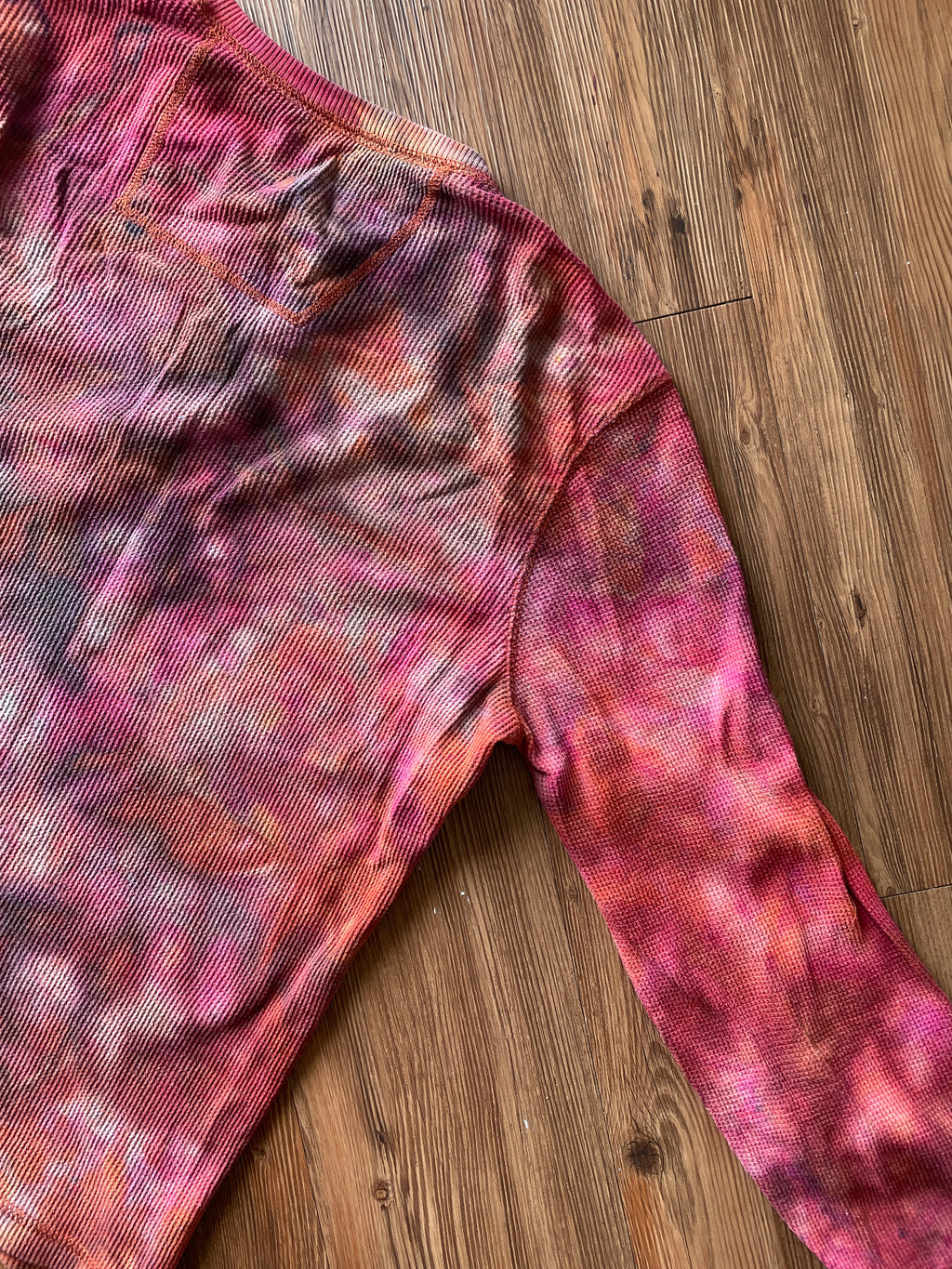 Medium Men’s Earth Tones Tie Dye Henley Shirt | Red and Orange Galaxy Dye Long Sleeve