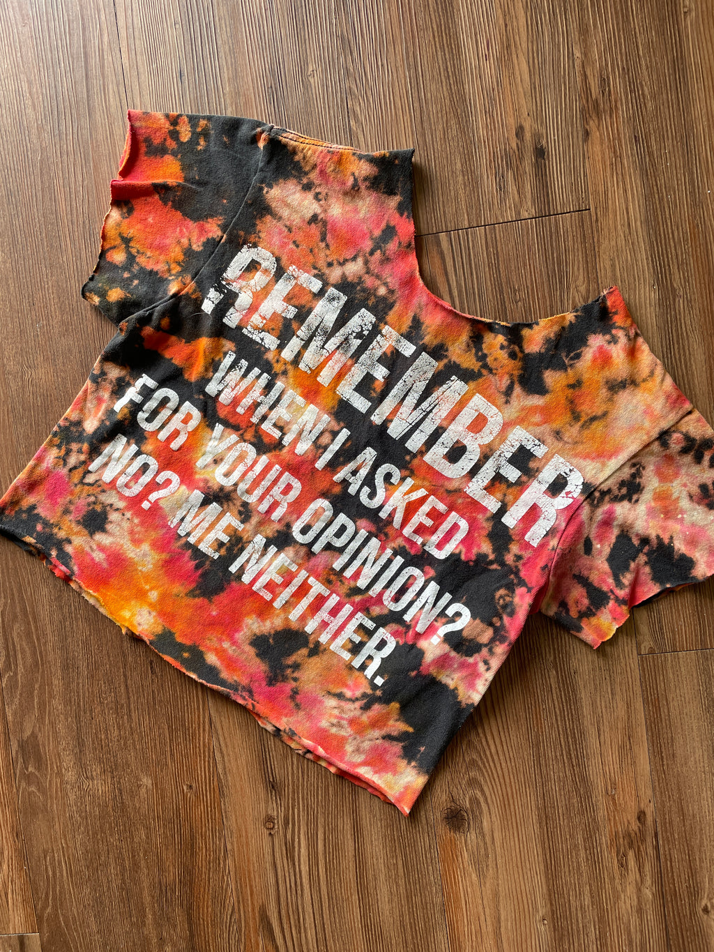 Small Men's Remember When I Asked Your Opinion? Tie Dye Crop Top | Red and Orange Bleach Dye Short Sleeve