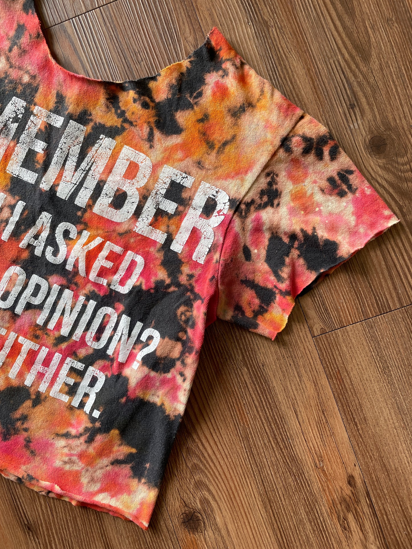 Small Men's Remember When I Asked Your Opinion? Tie Dye Crop Top | Red and Orange Bleach Dye Short Sleeve