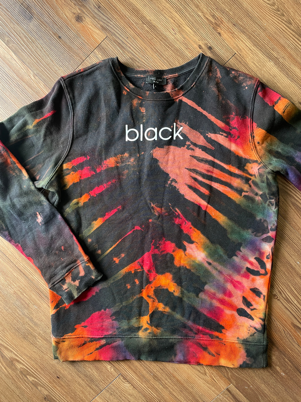 LARGE Men’s BLACK Tie Dye Crewneck Sweatshirt | Black and Rainbow Reverse Tie Dye Long Sleeve