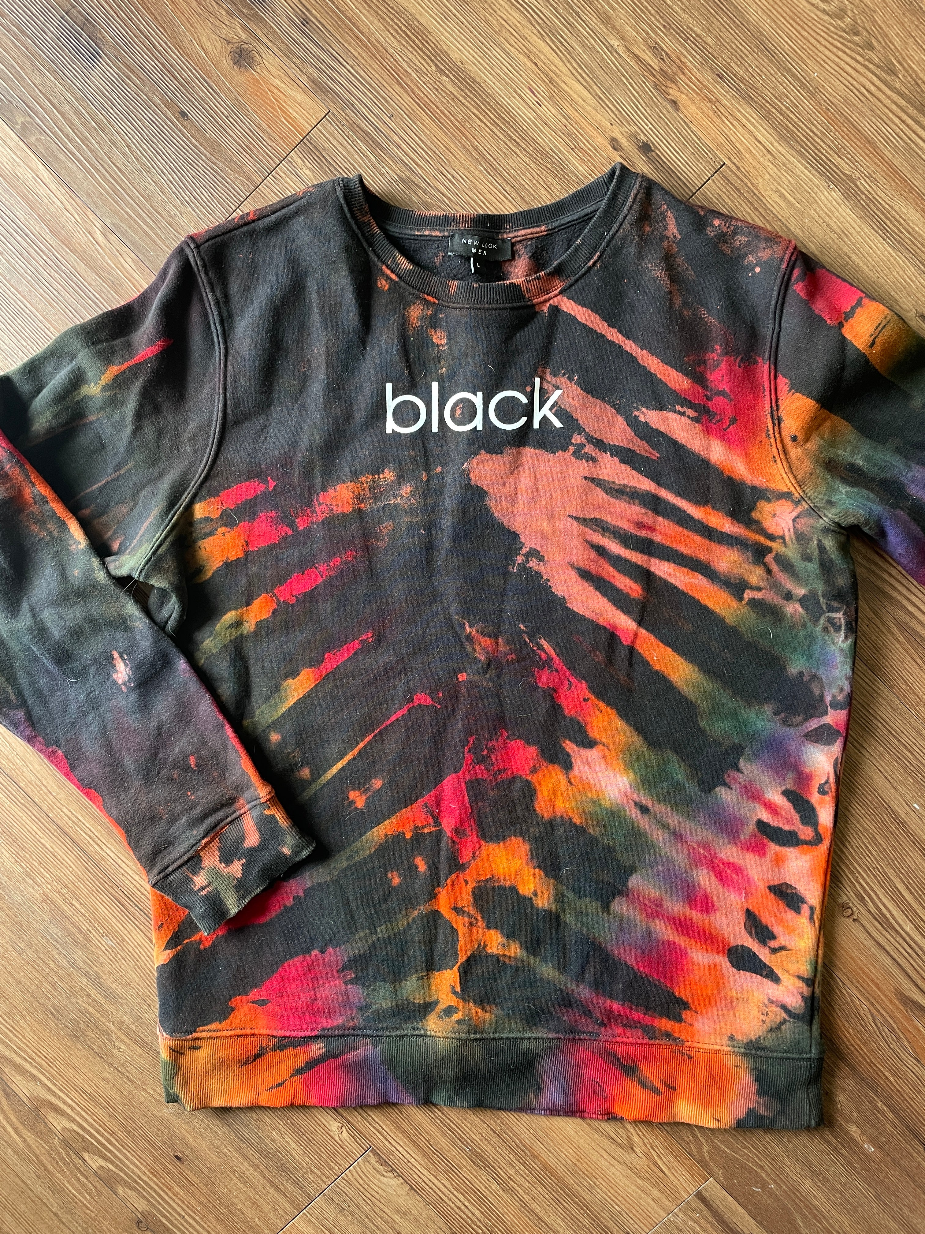 LARGE Men’s BLACK Tie Dye Crewneck Sweatshirt | Black and Rainbow Reverse Tie Dye Long Sleeve